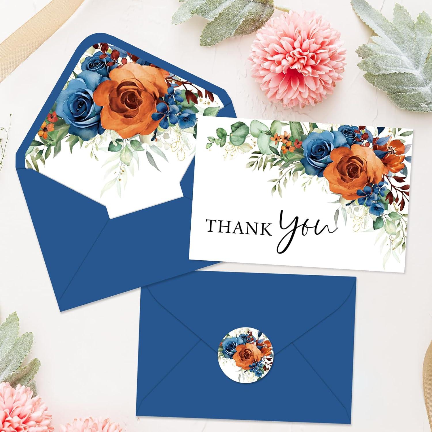 imageWhaline 36Pcs Watercolor Floral Thank You Cards with Envelopes and Stickers Orange Rose Greeting Cards Blank Note Cards for Weddings Bridal Shower Baby ShowerBlue Floral
