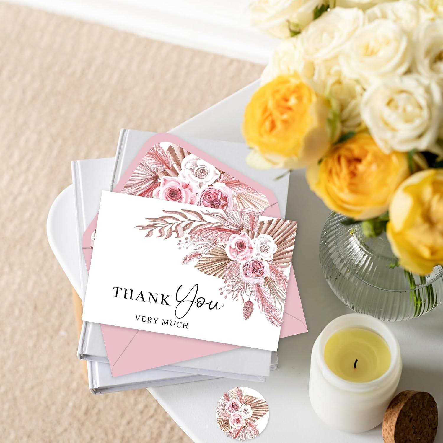 imageWhaline 36Pcs Watercolor Floral Thank You Cards with Envelopes and Stickers Orange Rose Greeting Cards Blank Note Cards for Weddings Bridal Shower Baby ShowerBoho Pink Floral
