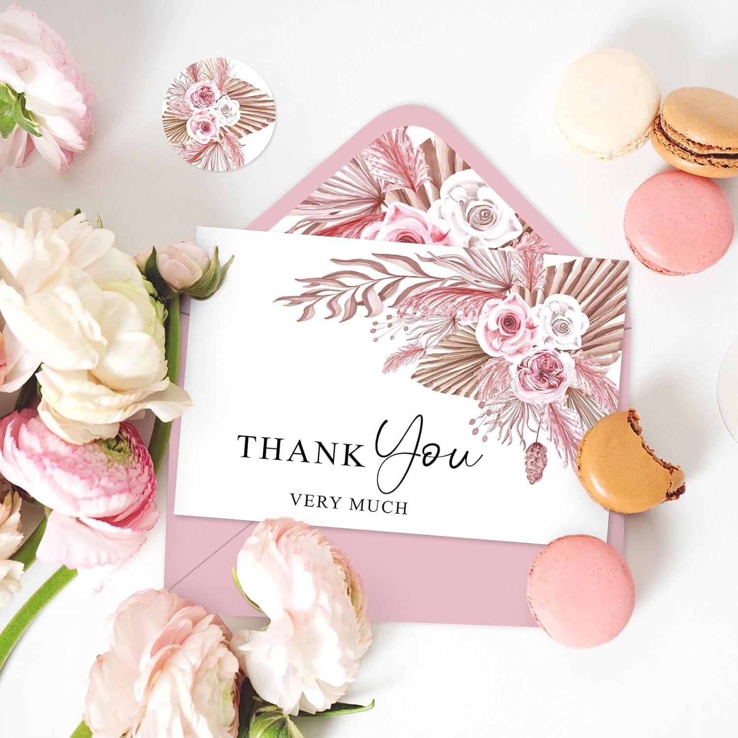 imageWhaline 36Pcs Watercolor Floral Thank You Cards with Envelopes and Stickers Orange Rose Greeting Cards Blank Note Cards for Weddings Bridal Shower Baby ShowerBoho Pink Floral