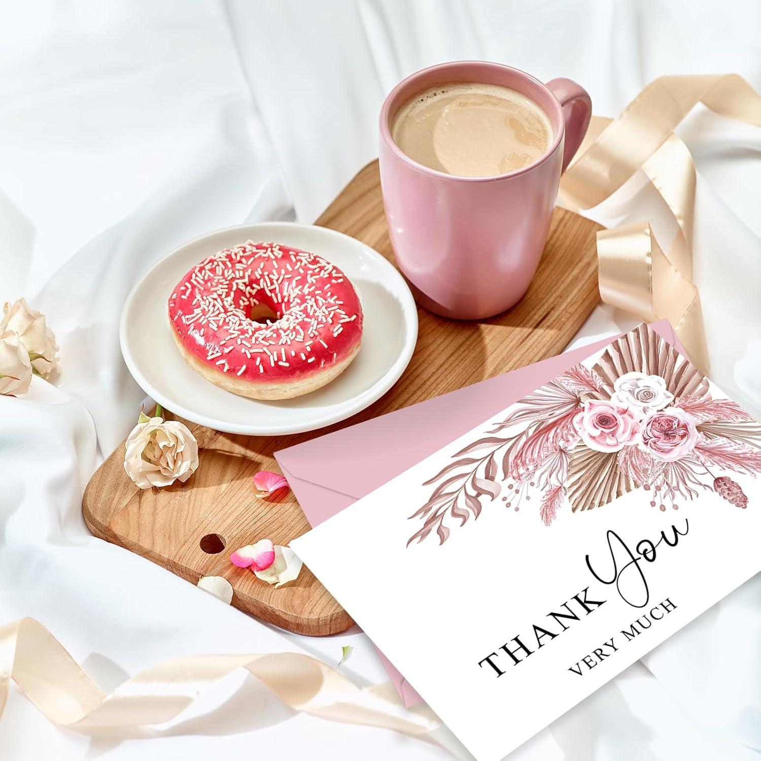 imageWhaline 36Pcs Watercolor Floral Thank You Cards with Envelopes and Stickers Orange Rose Greeting Cards Blank Note Cards for Weddings Bridal Shower Baby ShowerBoho Pink Floral