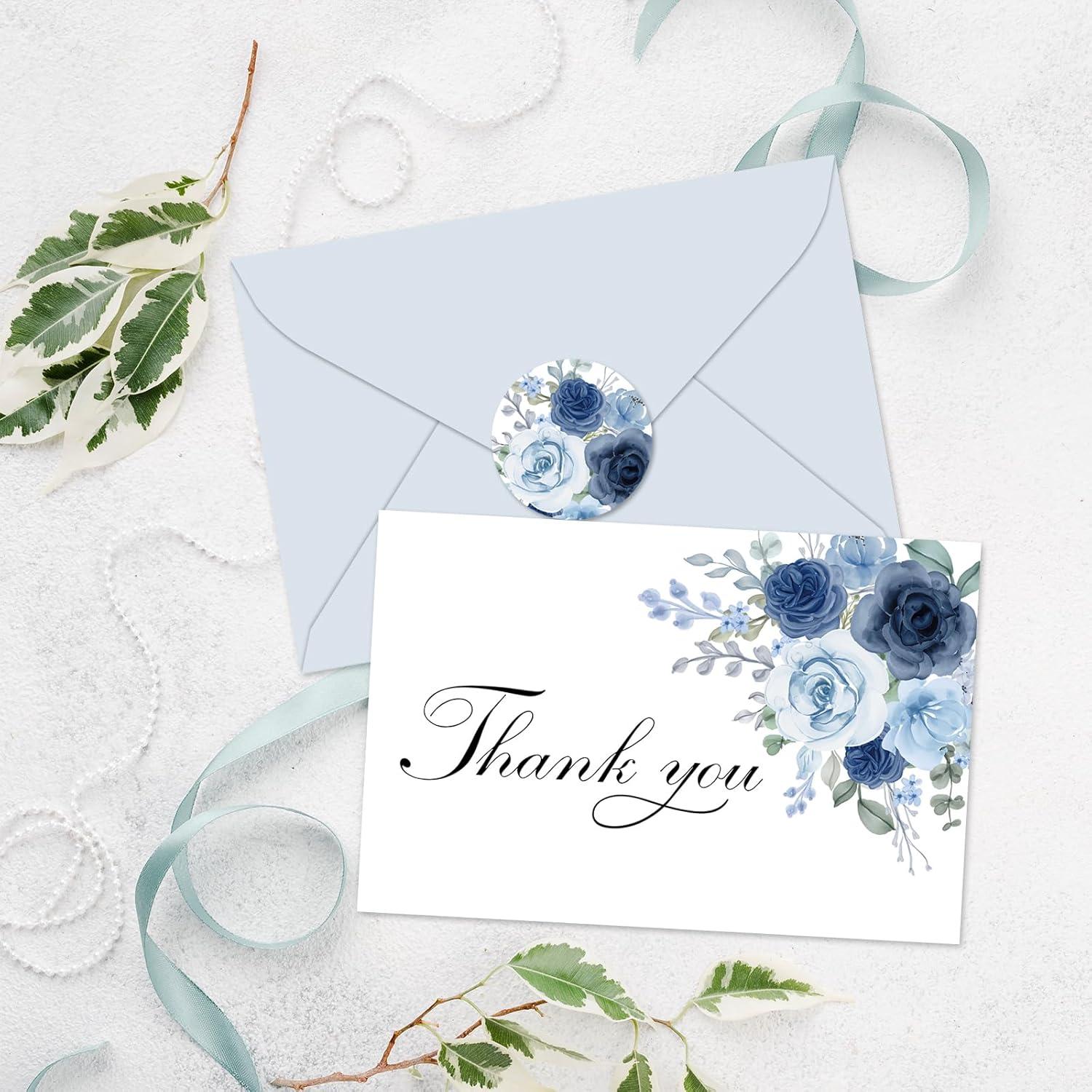 imageWhaline 36Pcs Watercolor Floral Thank You Cards with Envelopes and Stickers Orange Rose Greeting Cards Blank Note Cards for Weddings Bridal Shower Baby ShowerDusty Blue Floral