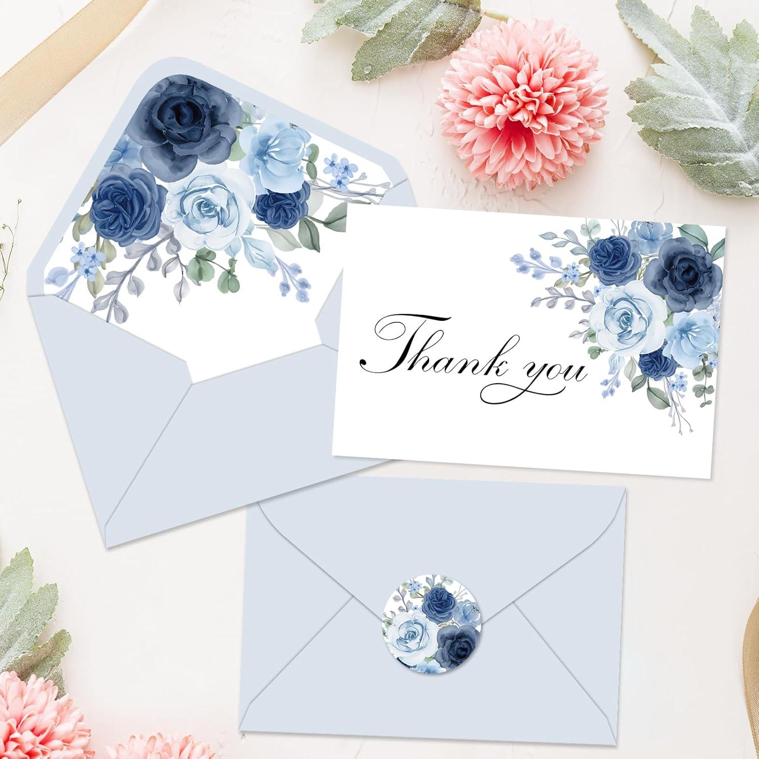 imageWhaline 36Pcs Watercolor Floral Thank You Cards with Envelopes and Stickers Orange Rose Greeting Cards Blank Note Cards for Weddings Bridal Shower Baby ShowerDusty Blue Floral