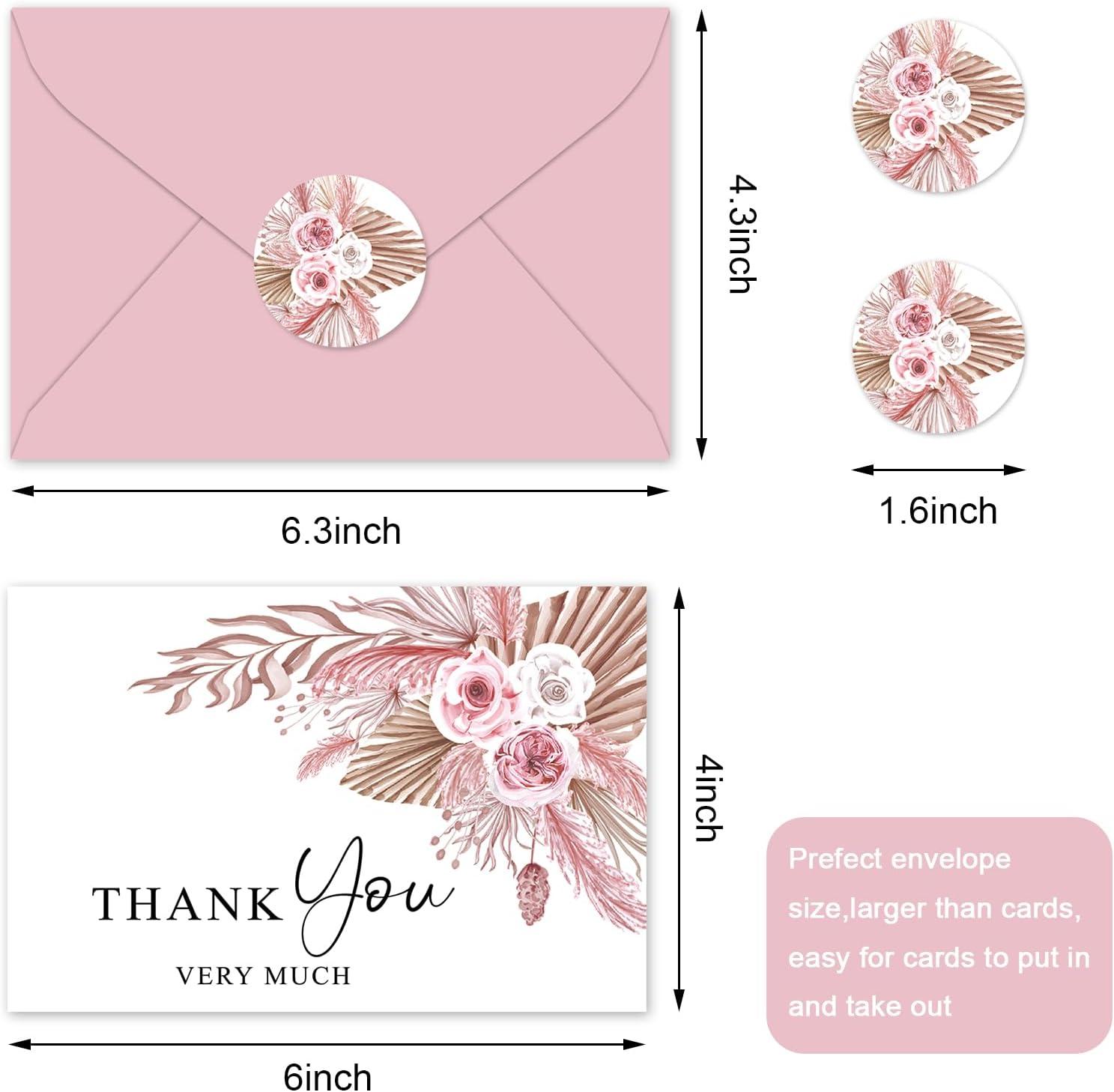 imageWhaline 36Pcs Watercolor Floral Thank You Cards with Envelopes and Stickers Orange Rose Greeting Cards Blank Note Cards for Weddings Bridal Shower Baby ShowerBoho Pink Floral