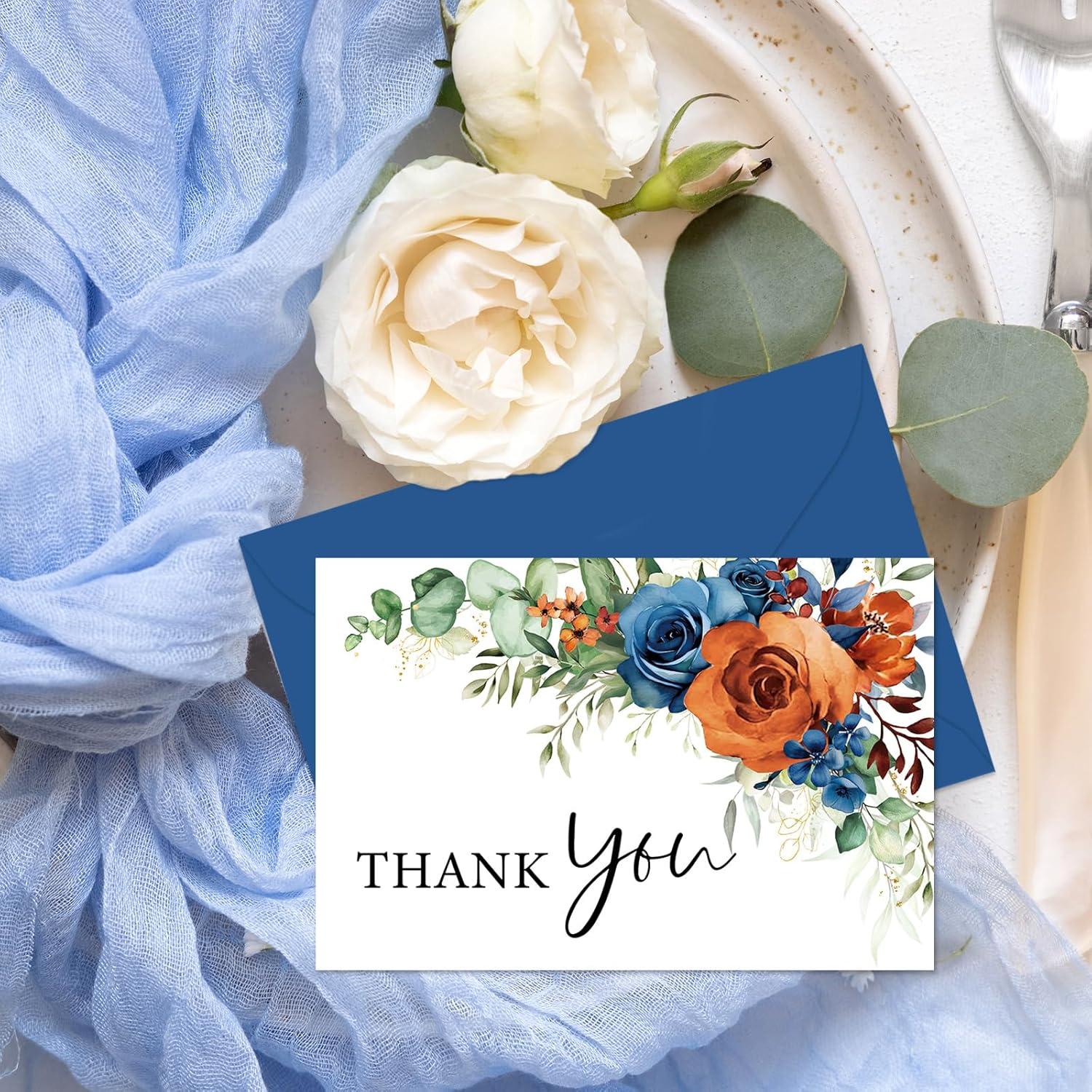 imageWhaline 36Pcs Watercolor Floral Thank You Cards with Envelopes and Stickers Orange Rose Greeting Cards Blank Note Cards for Weddings Bridal Shower Baby ShowerBlue Floral