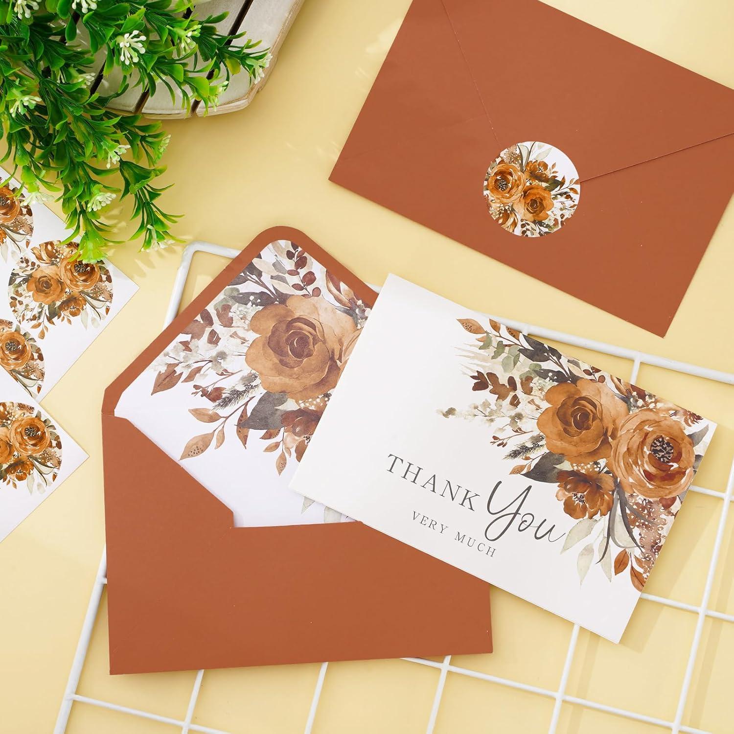 imageWhaline 36Pcs Watercolor Floral Thank You Cards with Envelopes and Stickers Orange Rose Greeting Cards Blank Note Cards for Weddings Bridal Shower Baby ShowerTerracotta Floral