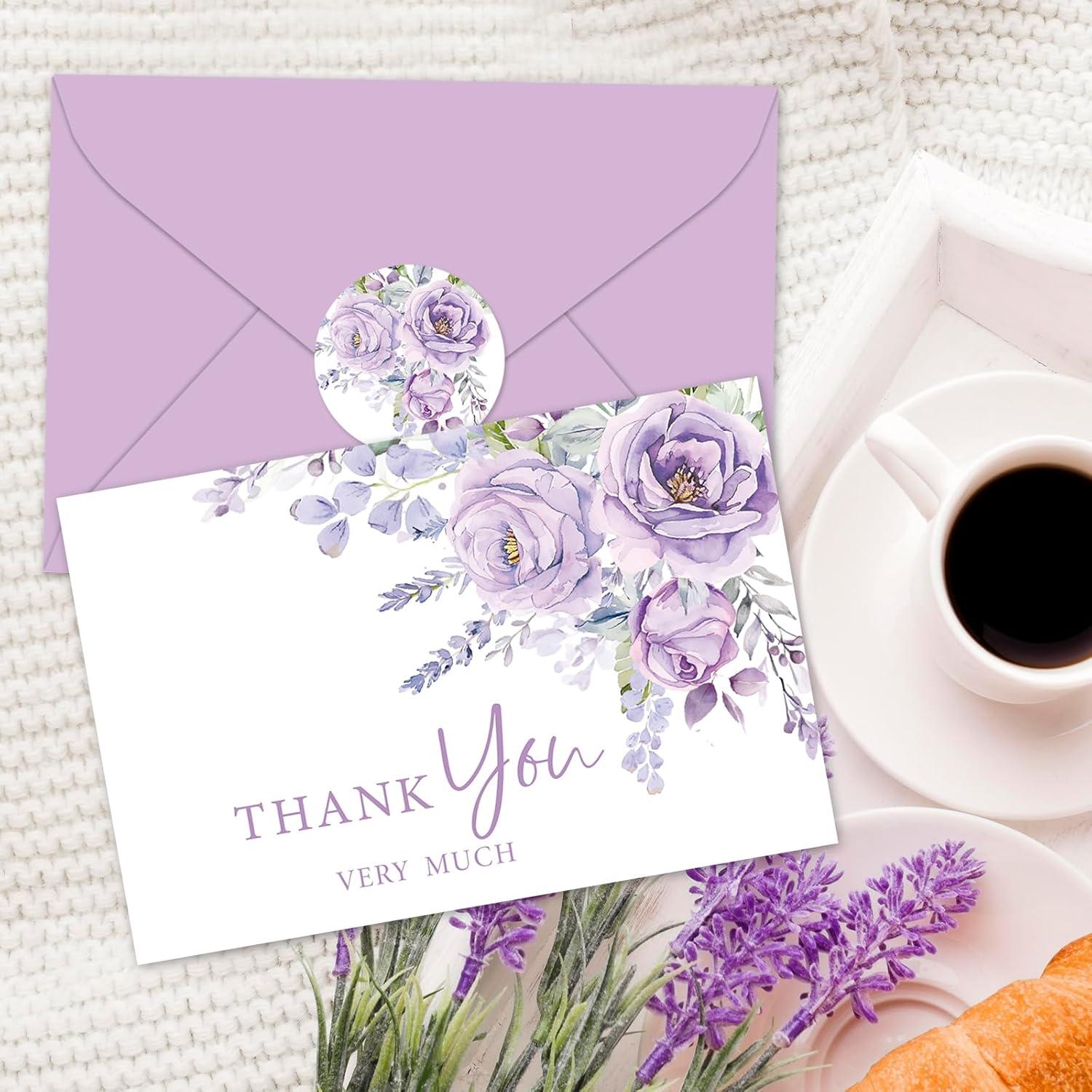 imageWhaline 36Pcs Watercolor Floral Thank You Cards with Envelopes and Stickers Orange Rose Greeting Cards Blank Note Cards for Weddings Bridal Shower Baby ShowerPurple Lavender