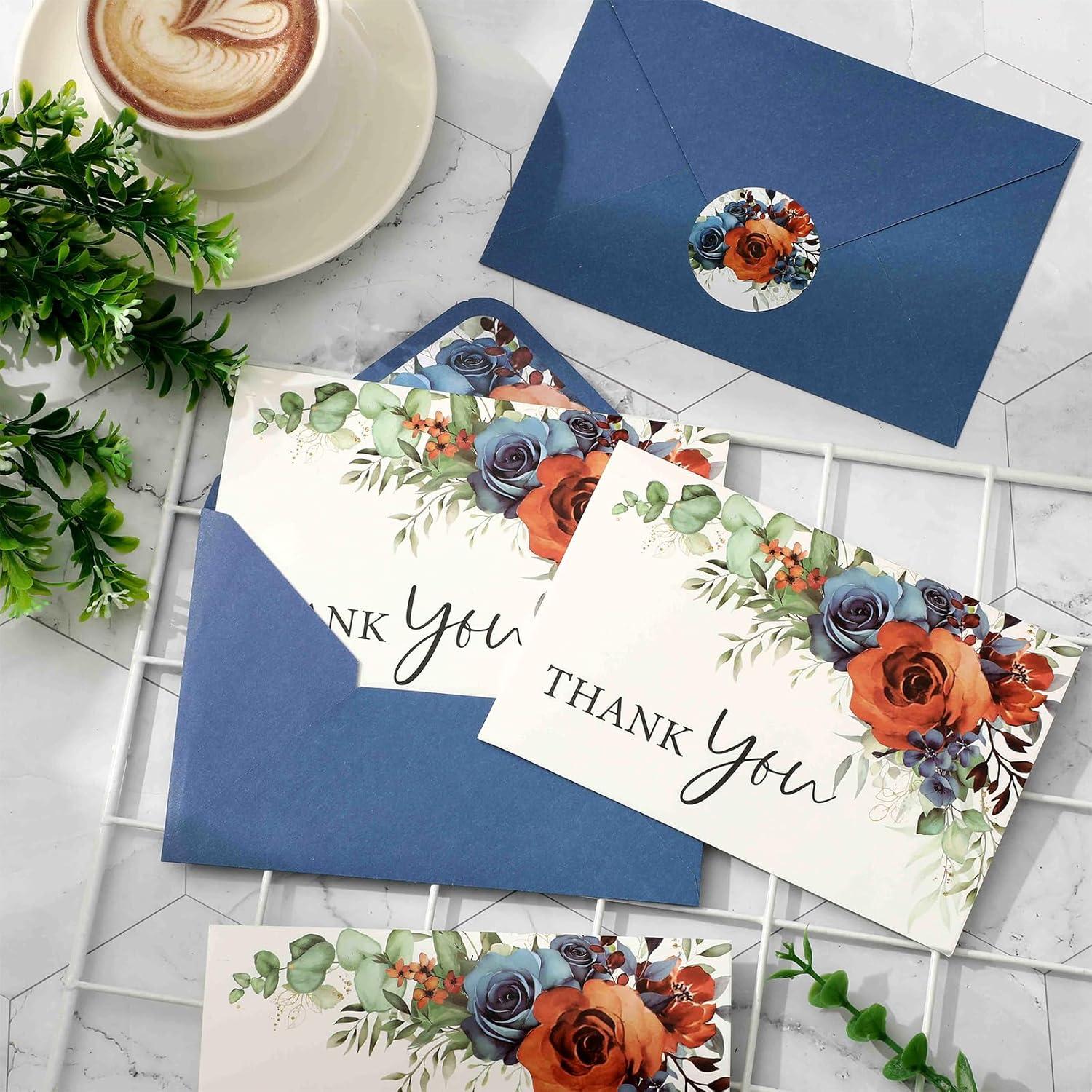 imageWhaline 36Pcs Watercolor Floral Thank You Cards with Envelopes and Stickers Orange Rose Greeting Cards Blank Note Cards for Weddings Bridal Shower Baby ShowerBlue Floral