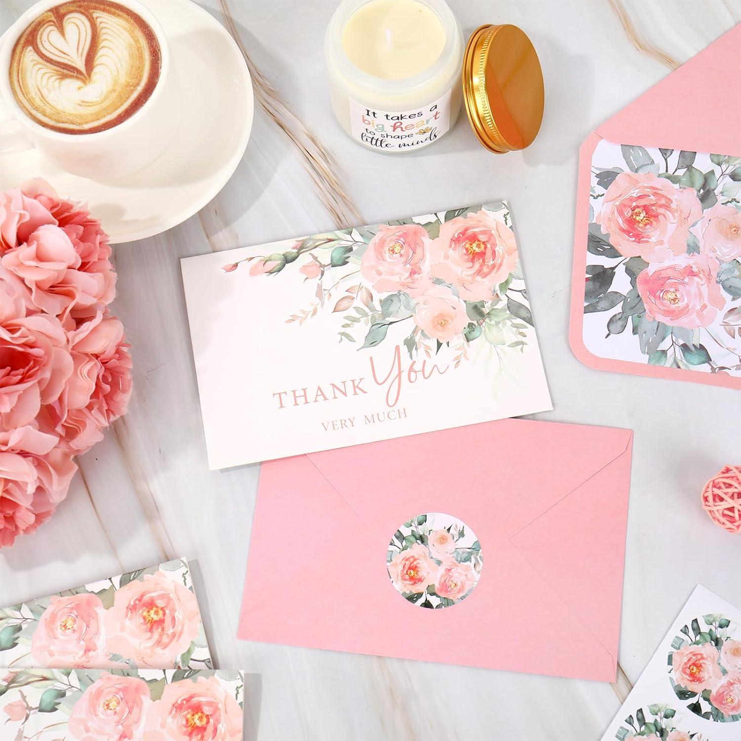 imageWhaline 36Pcs Watercolor Floral Thank You Cards with Envelopes and Stickers Orange Rose Greeting Cards Blank Note Cards for Weddings Bridal Shower Baby ShowerDusty Peach Floral