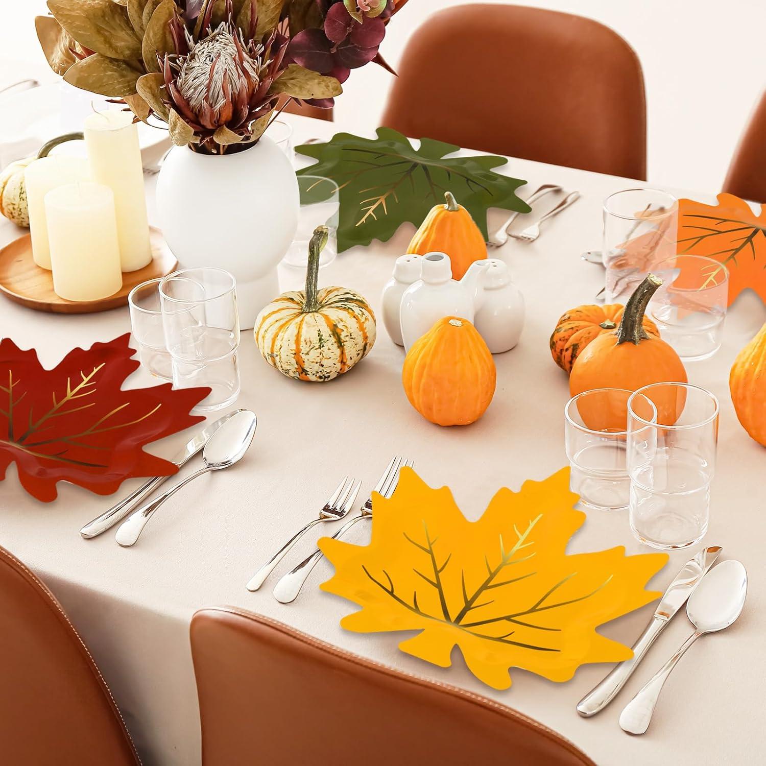 imageWhaline 40Pcs Fall Thanksgiving Paper Plates Gold Foil Maple Leaves Disposable Plates Red Orange Yellow Green Retro Tableware for Autumn Thanksgiving Party Supplies Table Decor 85 in