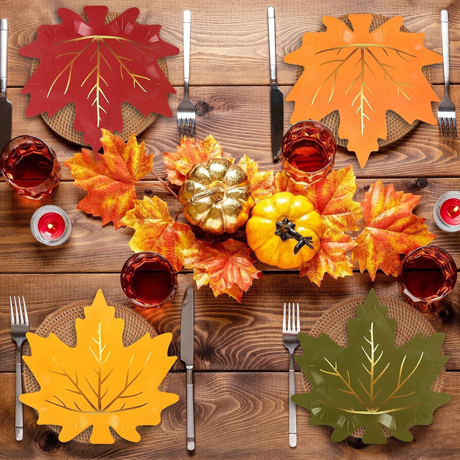 imageWhaline 40Pcs Fall Thanksgiving Paper Plates Gold Foil Maple Leaves Disposable Plates Red Orange Yellow Green Retro Tableware for Autumn Thanksgiving Party Supplies Table Decor 85 in