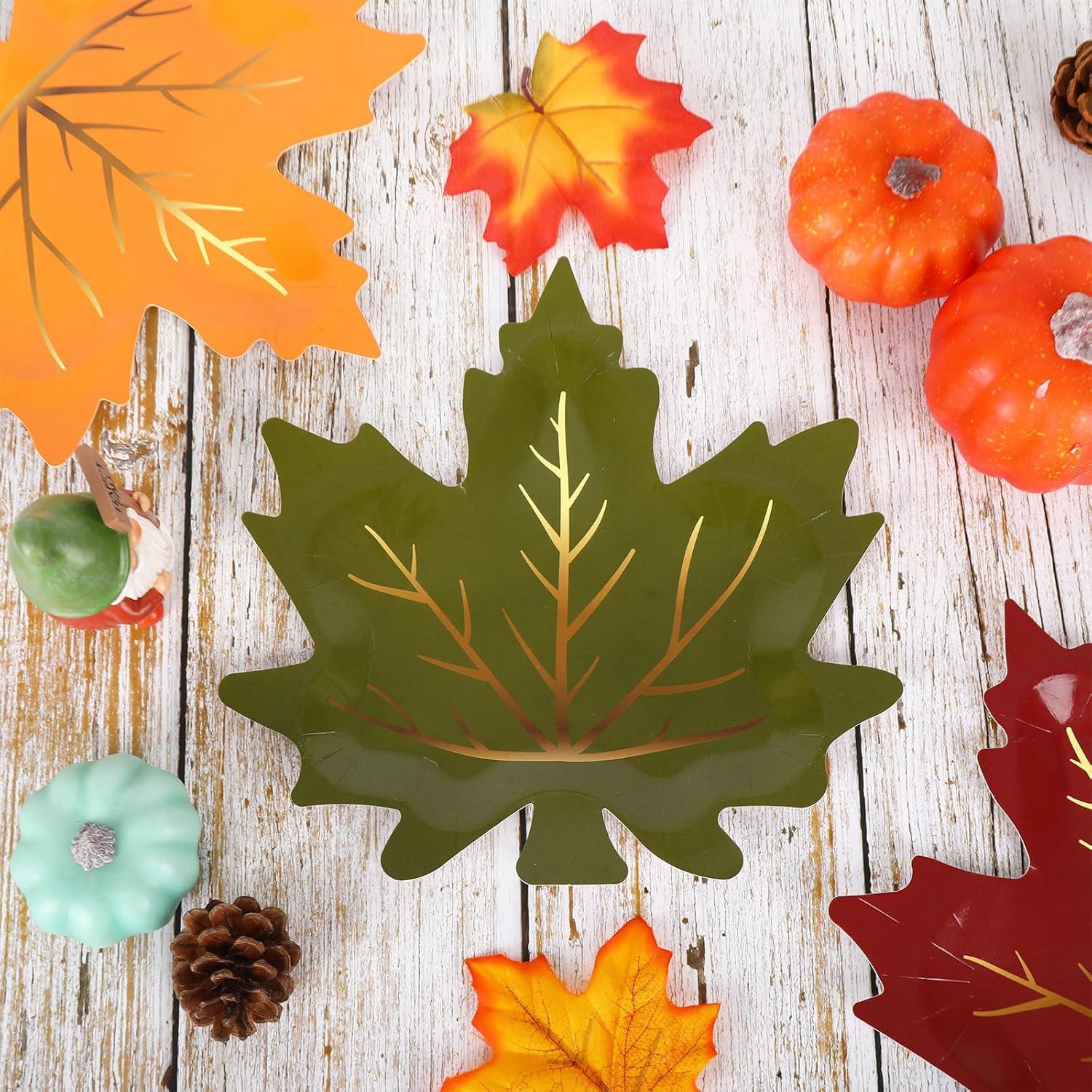 imageWhaline 40Pcs Fall Thanksgiving Paper Plates Gold Foil Maple Leaves Disposable Plates Red Orange Yellow Green Retro Tableware for Autumn Thanksgiving Party Supplies Table Decor 85 in