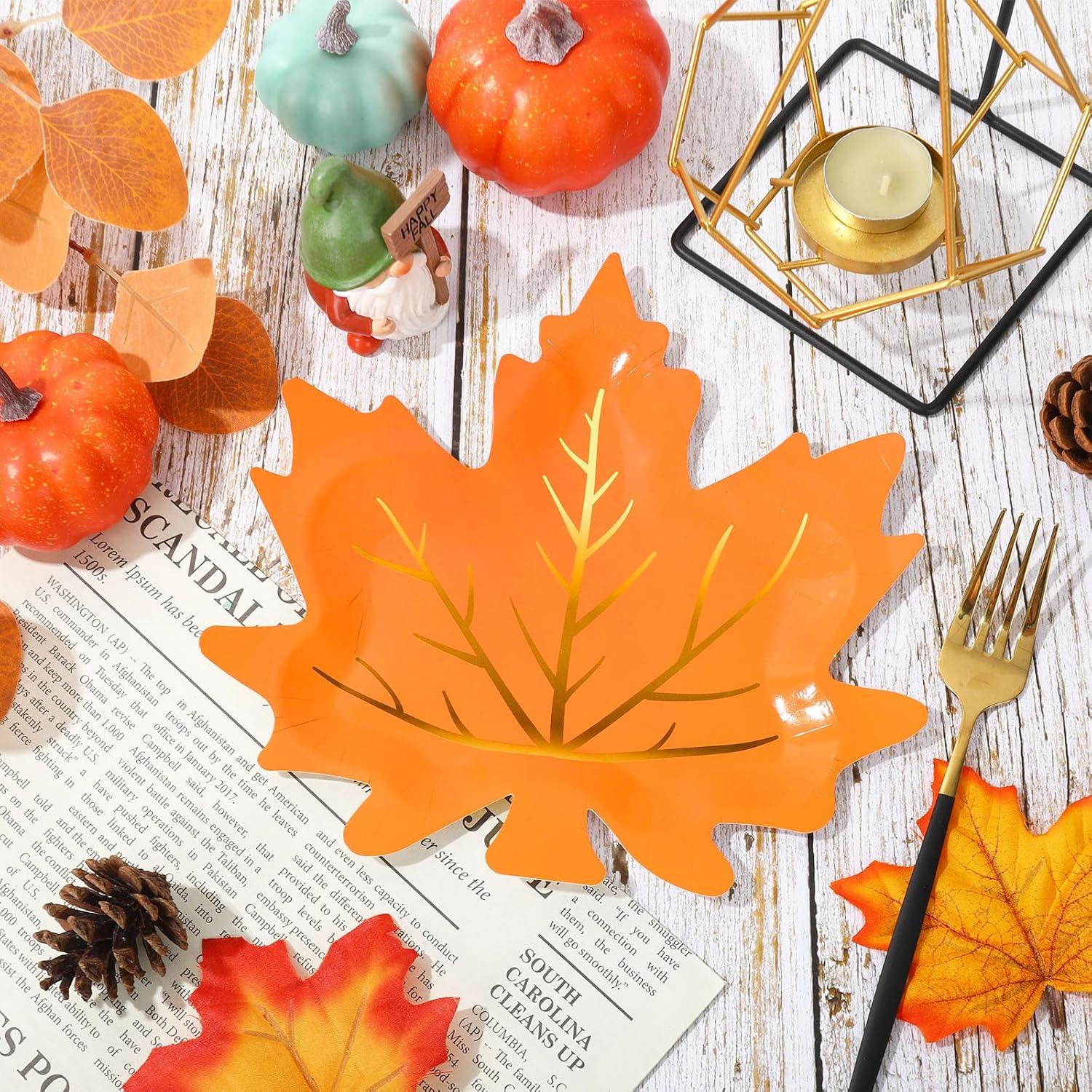 imageWhaline 40Pcs Fall Thanksgiving Paper Plates Gold Foil Maple Leaves Disposable Plates Red Orange Yellow Green Retro Tableware for Autumn Thanksgiving Party Supplies Table Decor 85 in
