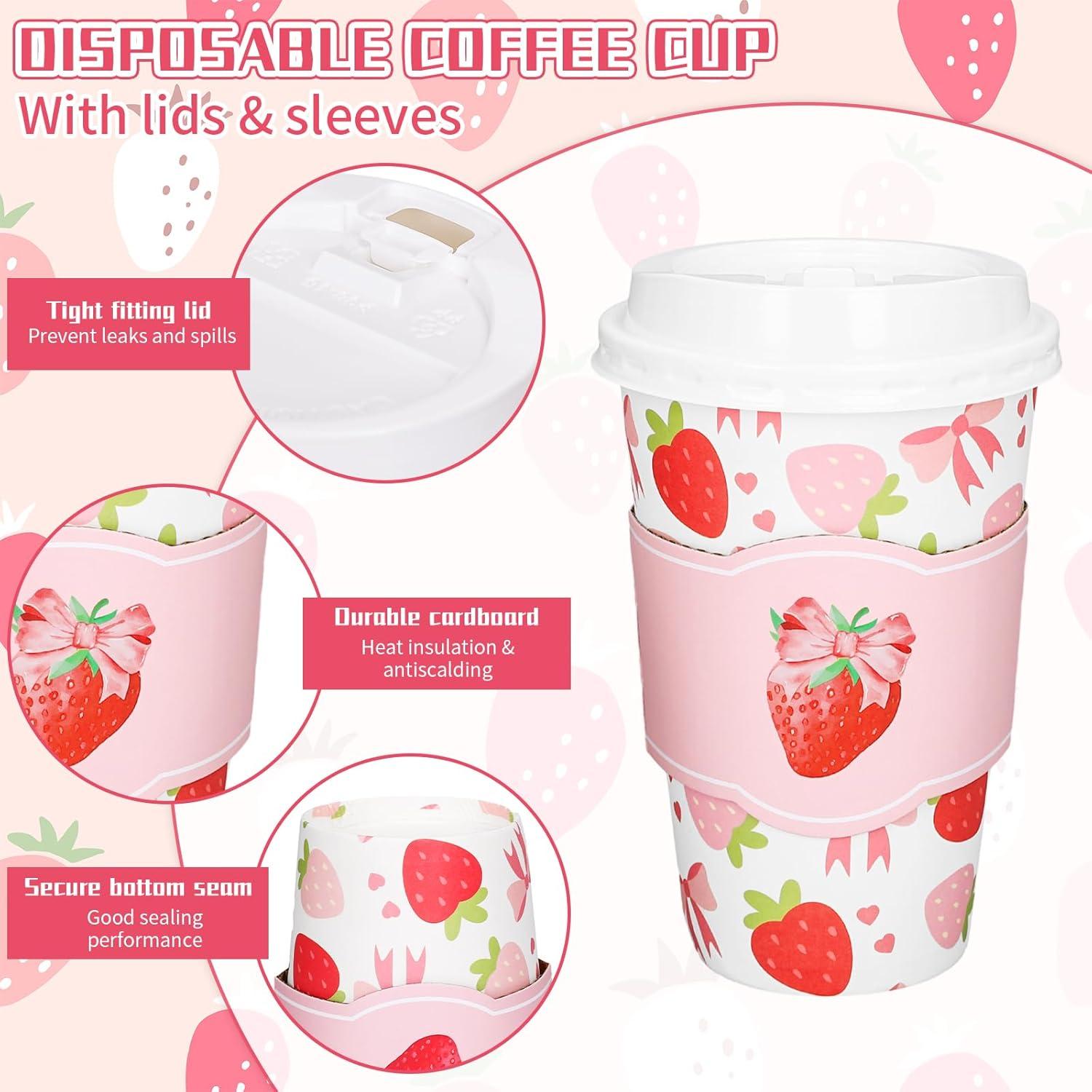 imageWhaline 50Pcs Fall Thanksgiving Pumpkin Disposable Coffee Cups with Lids and Sleeves PinkOrange Pumpkin Paper Drinking Cups for Autumn Restaurant Travel Business SuppliesCute Bow Strawberry