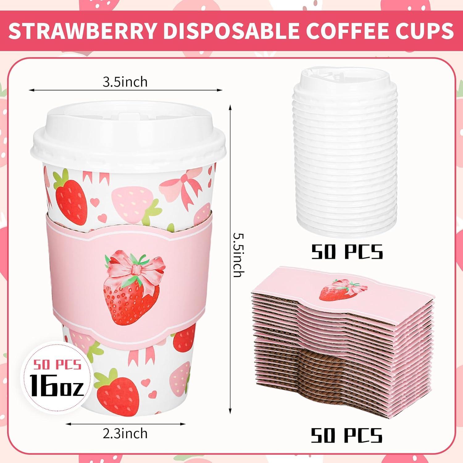 imageWhaline 50Pcs Fall Thanksgiving Pumpkin Disposable Coffee Cups with Lids and Sleeves PinkOrange Pumpkin Paper Drinking Cups for Autumn Restaurant Travel Business SuppliesCute Bow Strawberry