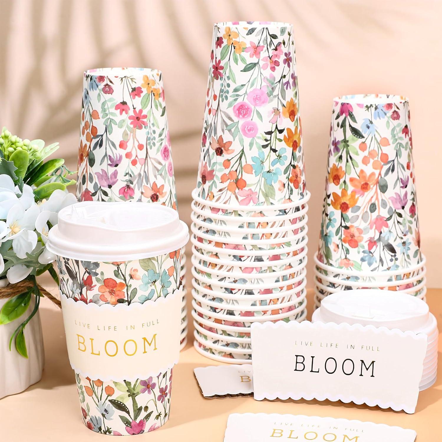 imageWhaline 50Pcs Fall Thanksgiving Pumpkin Disposable Coffee Cups with Lids and Sleeves PinkOrange Pumpkin Paper Drinking Cups for Autumn Restaurant Travel Business SuppliesWatercolor Wildflower