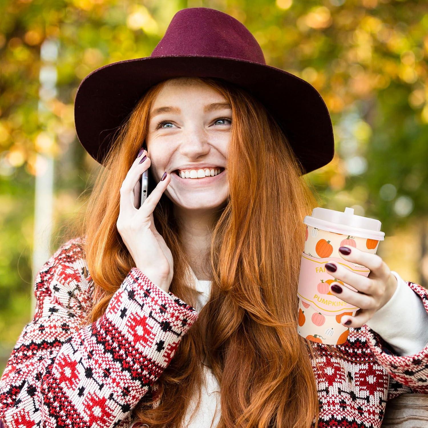 imageWhaline 50Pcs Fall Thanksgiving Pumpkin Disposable Coffee Cups with Lids and Sleeves PinkOrange Pumpkin Paper Drinking Cups for Autumn Restaurant Travel Business SuppliesFall Thanksgiving Pumpkin