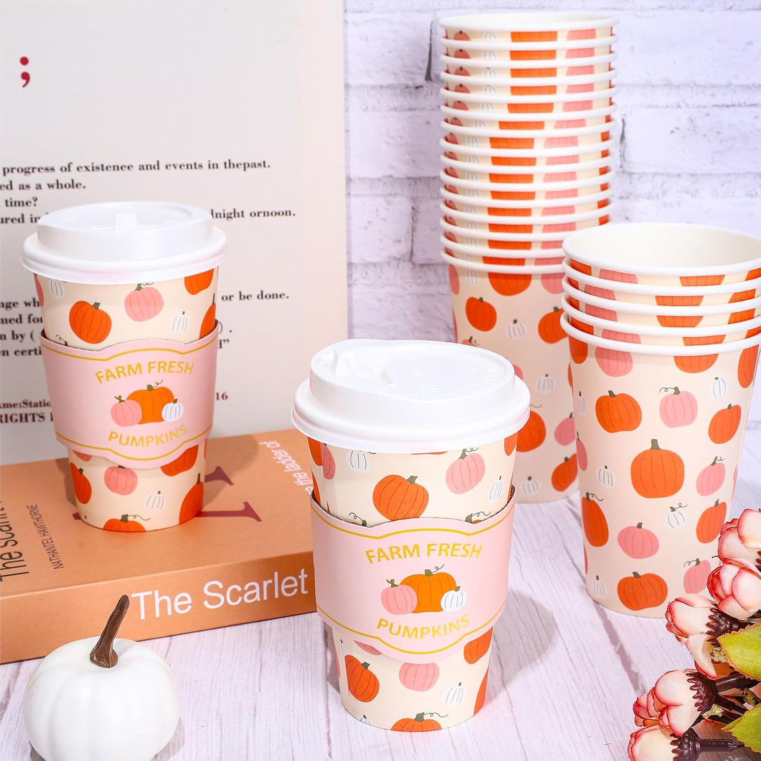 imageWhaline 50Pcs Fall Thanksgiving Pumpkin Disposable Coffee Cups with Lids and Sleeves PinkOrange Pumpkin Paper Drinking Cups for Autumn Restaurant Travel Business SuppliesFall Thanksgiving Pumpkin