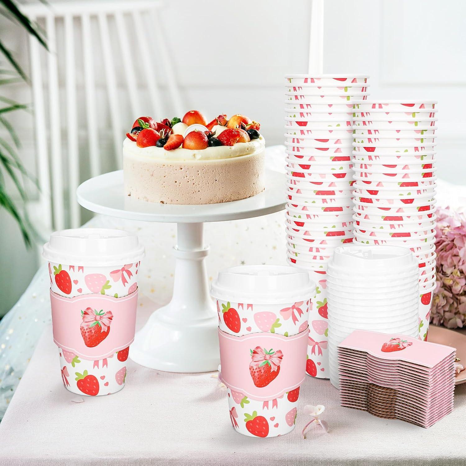 imageWhaline 50Pcs Fall Thanksgiving Pumpkin Disposable Coffee Cups with Lids and Sleeves PinkOrange Pumpkin Paper Drinking Cups for Autumn Restaurant Travel Business SuppliesCute Bow Strawberry