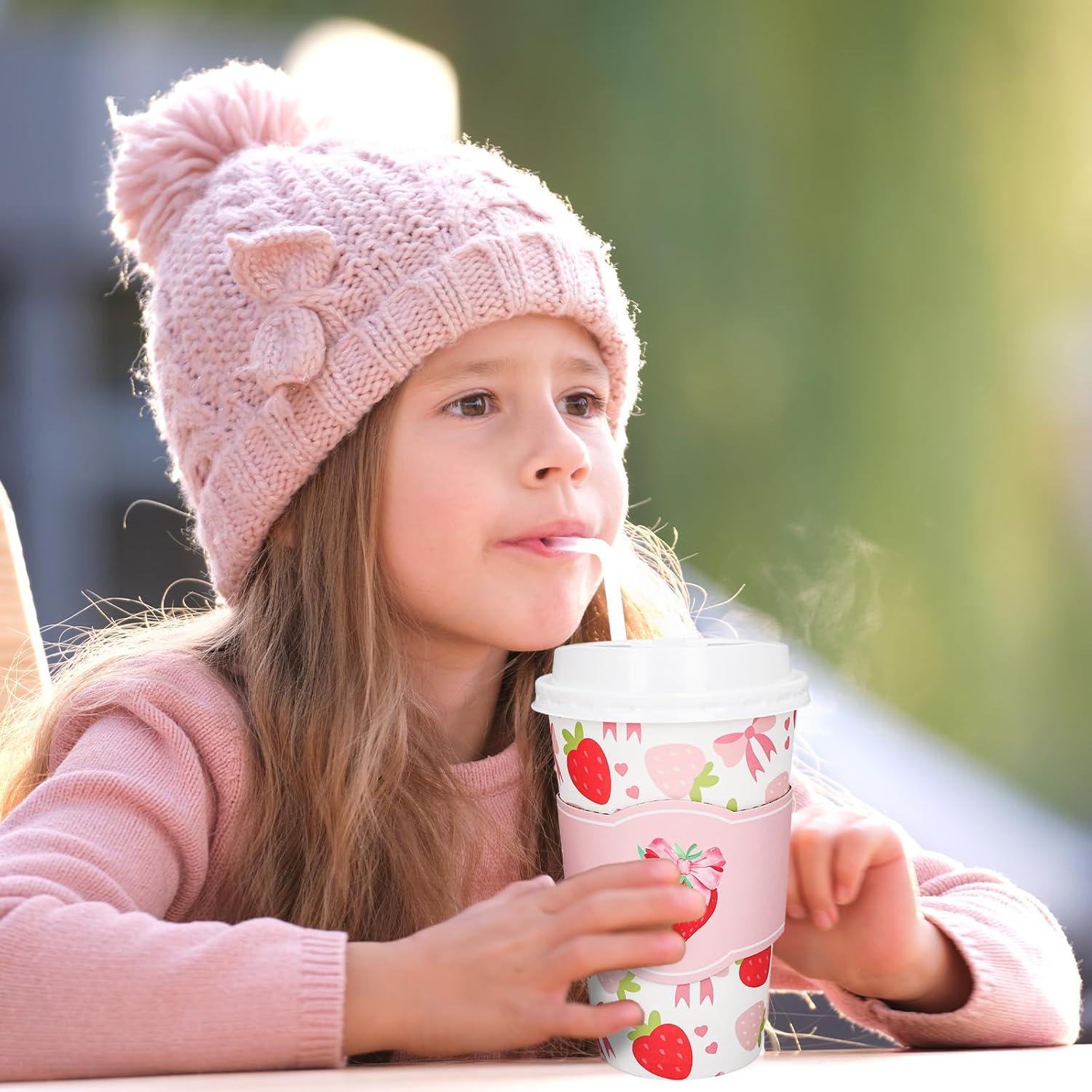 imageWhaline 50Pcs Fall Thanksgiving Pumpkin Disposable Coffee Cups with Lids and Sleeves PinkOrange Pumpkin Paper Drinking Cups for Autumn Restaurant Travel Business SuppliesCute Bow Strawberry