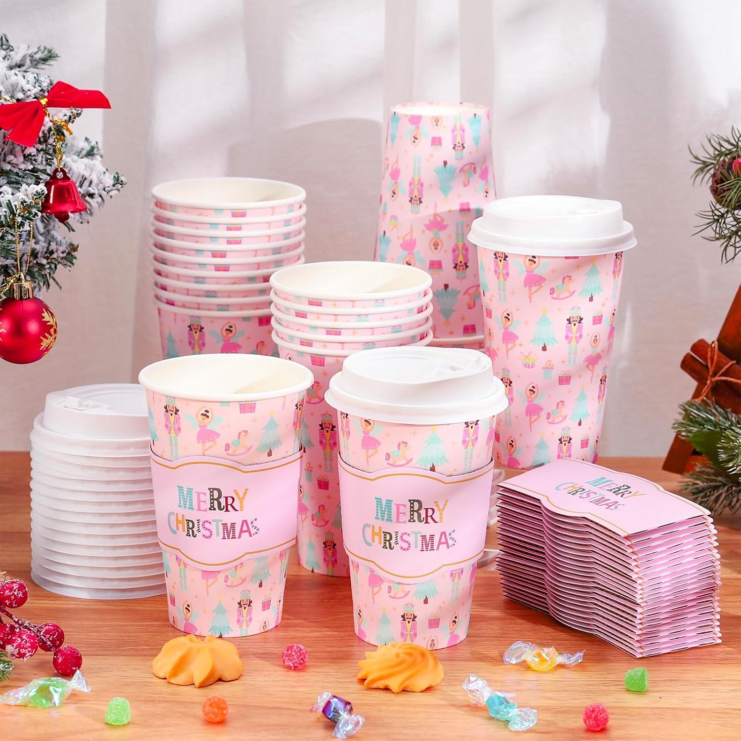 imageWhaline 50Pcs Fall Thanksgiving Pumpkin Disposable Coffee Cups with Lids and Sleeves PinkOrange Pumpkin Paper Drinking Cups for Autumn Restaurant Travel Business SuppliesChristmas Pink Nutcracker