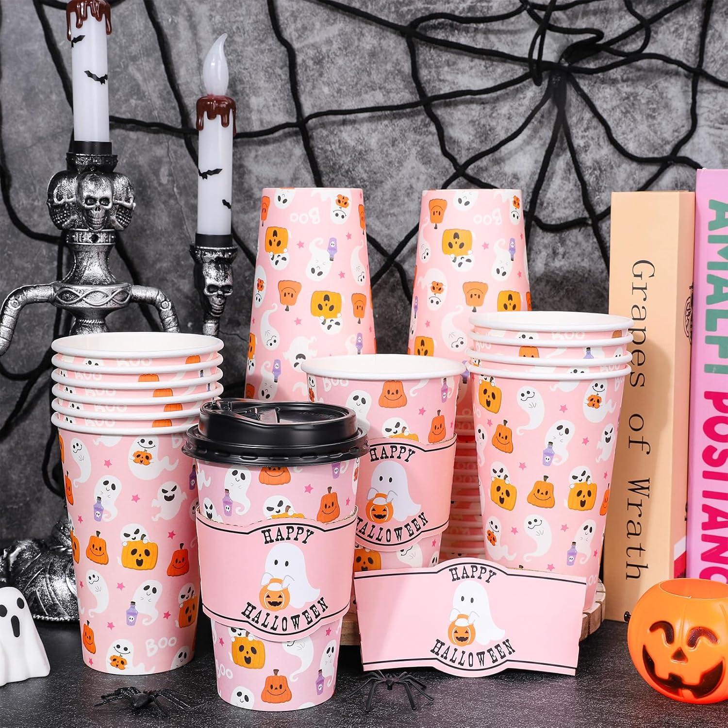 imageWhaline 50Pcs Fall Thanksgiving Pumpkin Disposable Coffee Cups with Lids and Sleeves PinkOrange Pumpkin Paper Drinking Cups for Autumn Restaurant Travel Business SuppliesHalloween Pink Ghost pumpkin