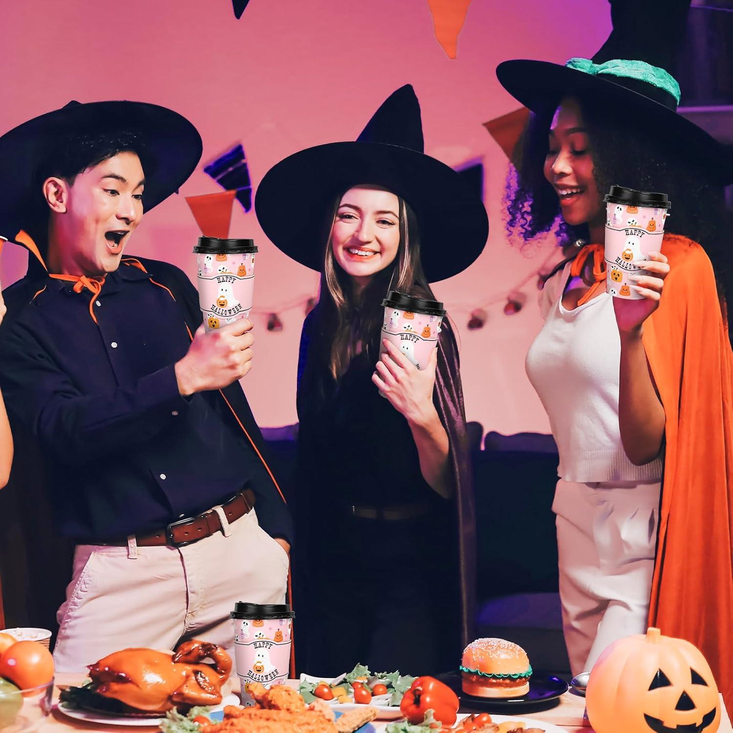 imageWhaline 50Pcs Fall Thanksgiving Pumpkin Disposable Coffee Cups with Lids and Sleeves PinkOrange Pumpkin Paper Drinking Cups for Autumn Restaurant Travel Business SuppliesHalloween Pink Ghost pumpkin