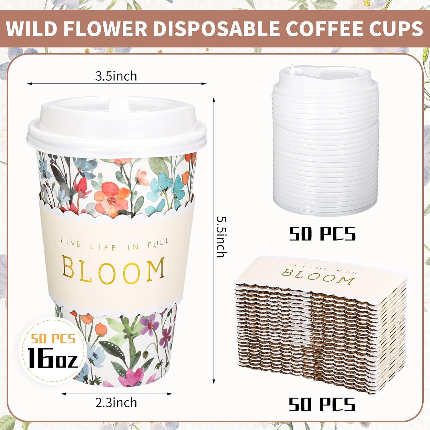 imageWhaline 50Pcs Fall Thanksgiving Pumpkin Disposable Coffee Cups with Lids and Sleeves PinkOrange Pumpkin Paper Drinking Cups for Autumn Restaurant Travel Business SuppliesWatercolor Wildflower