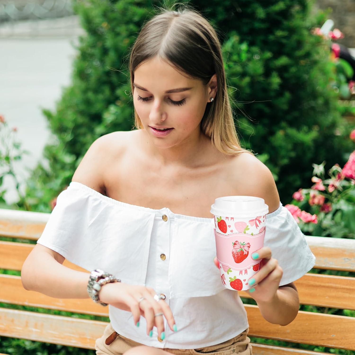 imageWhaline 50Pcs Fall Thanksgiving Pumpkin Disposable Coffee Cups with Lids and Sleeves PinkOrange Pumpkin Paper Drinking Cups for Autumn Restaurant Travel Business SuppliesCute Bow Strawberry