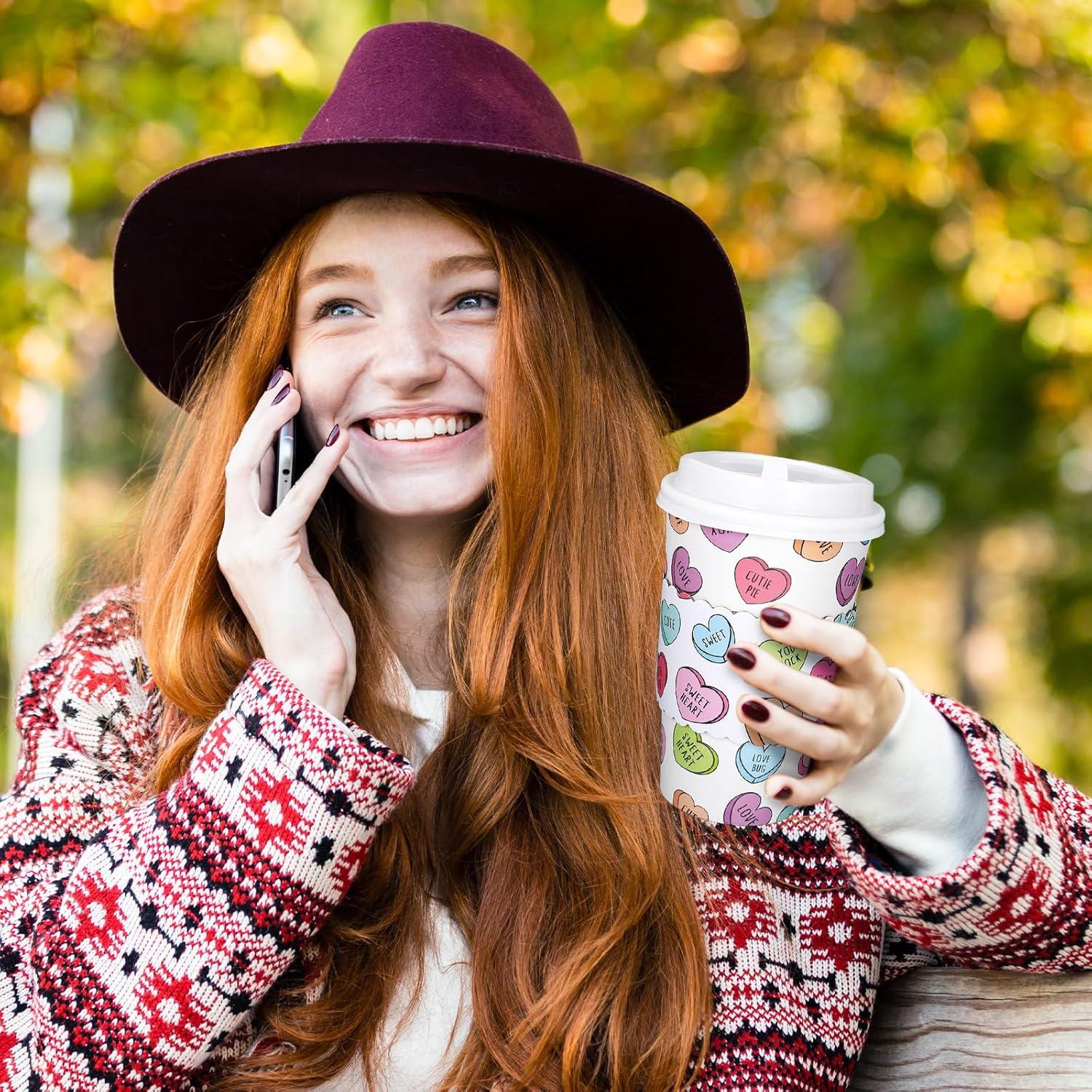 imageWhaline 50Pcs Fall Thanksgiving Pumpkin Disposable Coffee Cups with Lids and Sleeves PinkOrange Pumpkin Paper Drinking Cups for Autumn Restaurant Travel Business SuppliesConversation Heart