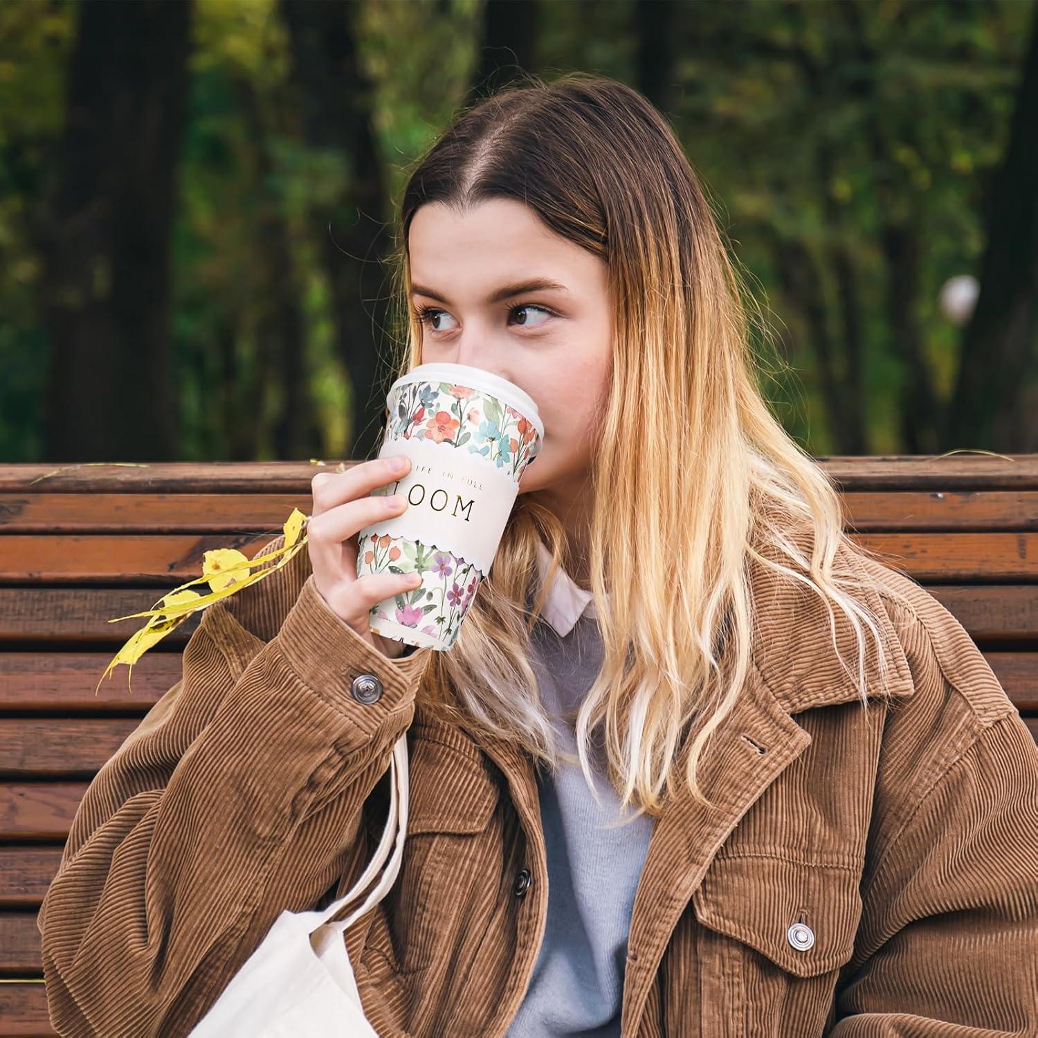 imageWhaline 50Pcs Fall Thanksgiving Pumpkin Disposable Coffee Cups with Lids and Sleeves PinkOrange Pumpkin Paper Drinking Cups for Autumn Restaurant Travel Business SuppliesWatercolor Wildflower