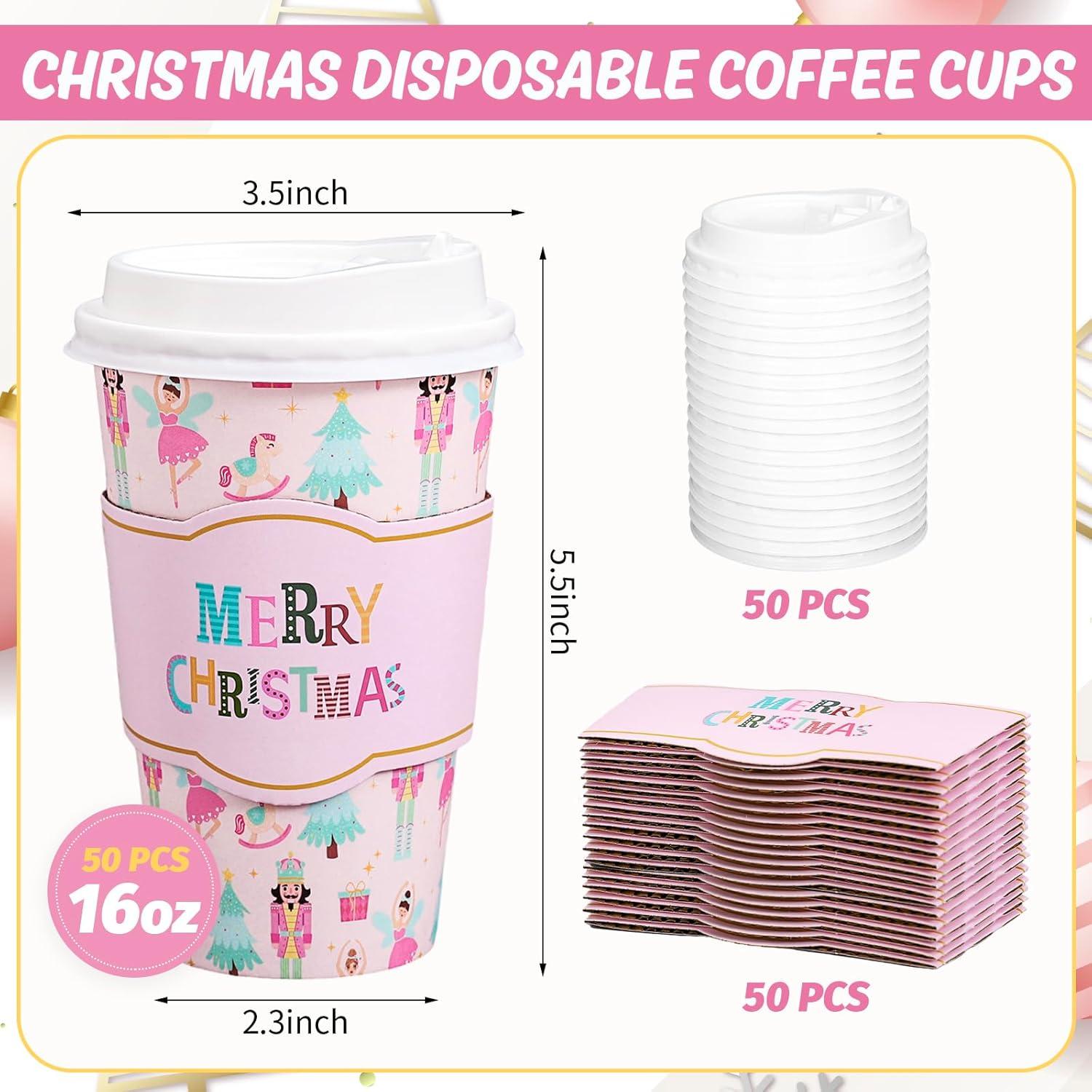 imageWhaline 50Pcs Fall Thanksgiving Pumpkin Disposable Coffee Cups with Lids and Sleeves PinkOrange Pumpkin Paper Drinking Cups for Autumn Restaurant Travel Business SuppliesChristmas Pink Nutcracker