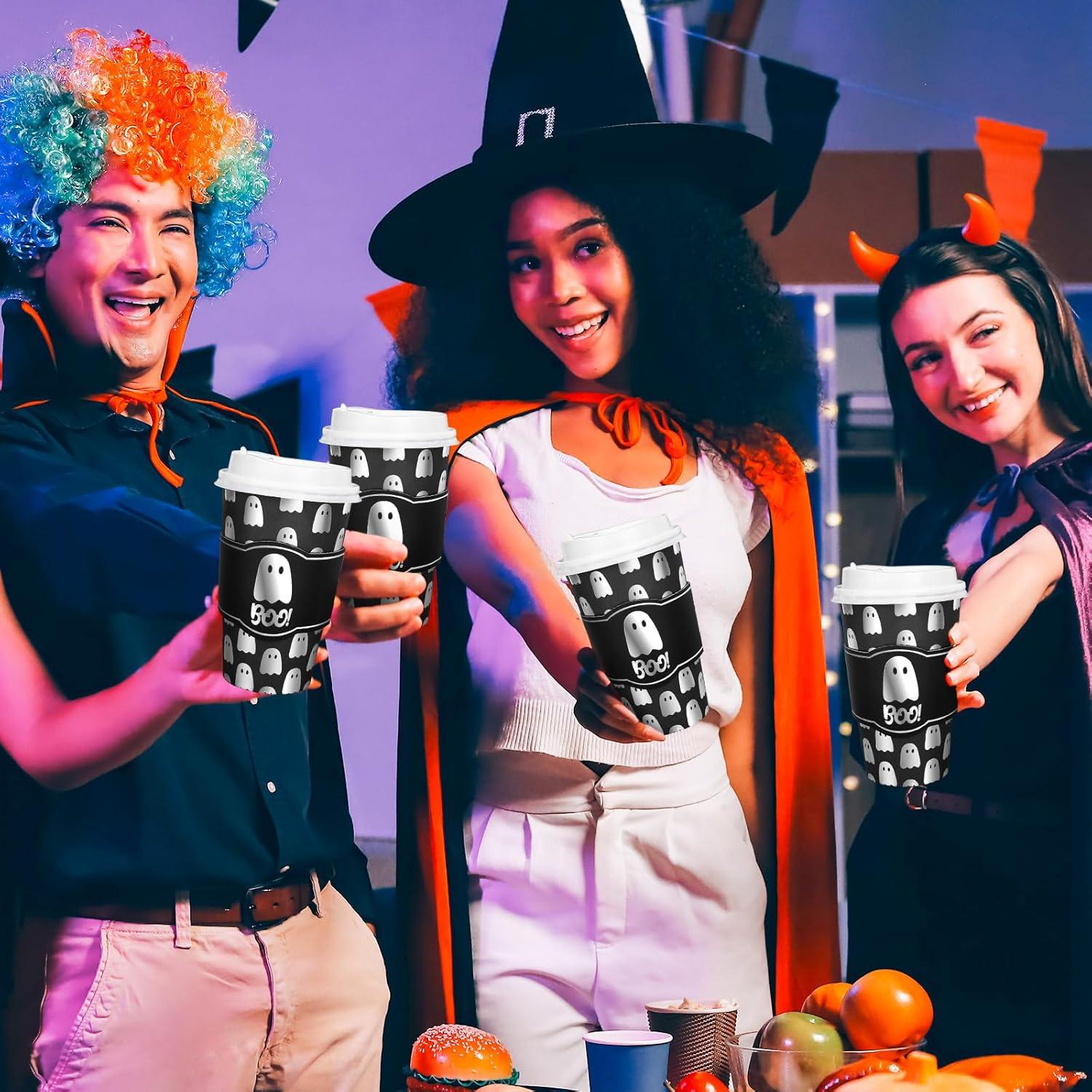 imageWhaline 50Pcs Fall Thanksgiving Pumpkin Disposable Coffee Cups with Lids and Sleeves PinkOrange Pumpkin Paper Drinking Cups for Autumn Restaurant Travel Business SuppliesFoil Silver Ghost