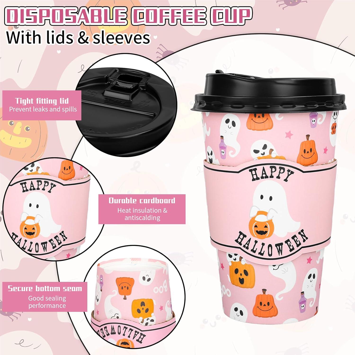imageWhaline 50Pcs Fall Thanksgiving Pumpkin Disposable Coffee Cups with Lids and Sleeves PinkOrange Pumpkin Paper Drinking Cups for Autumn Restaurant Travel Business SuppliesHalloween Pink Ghost pumpkin