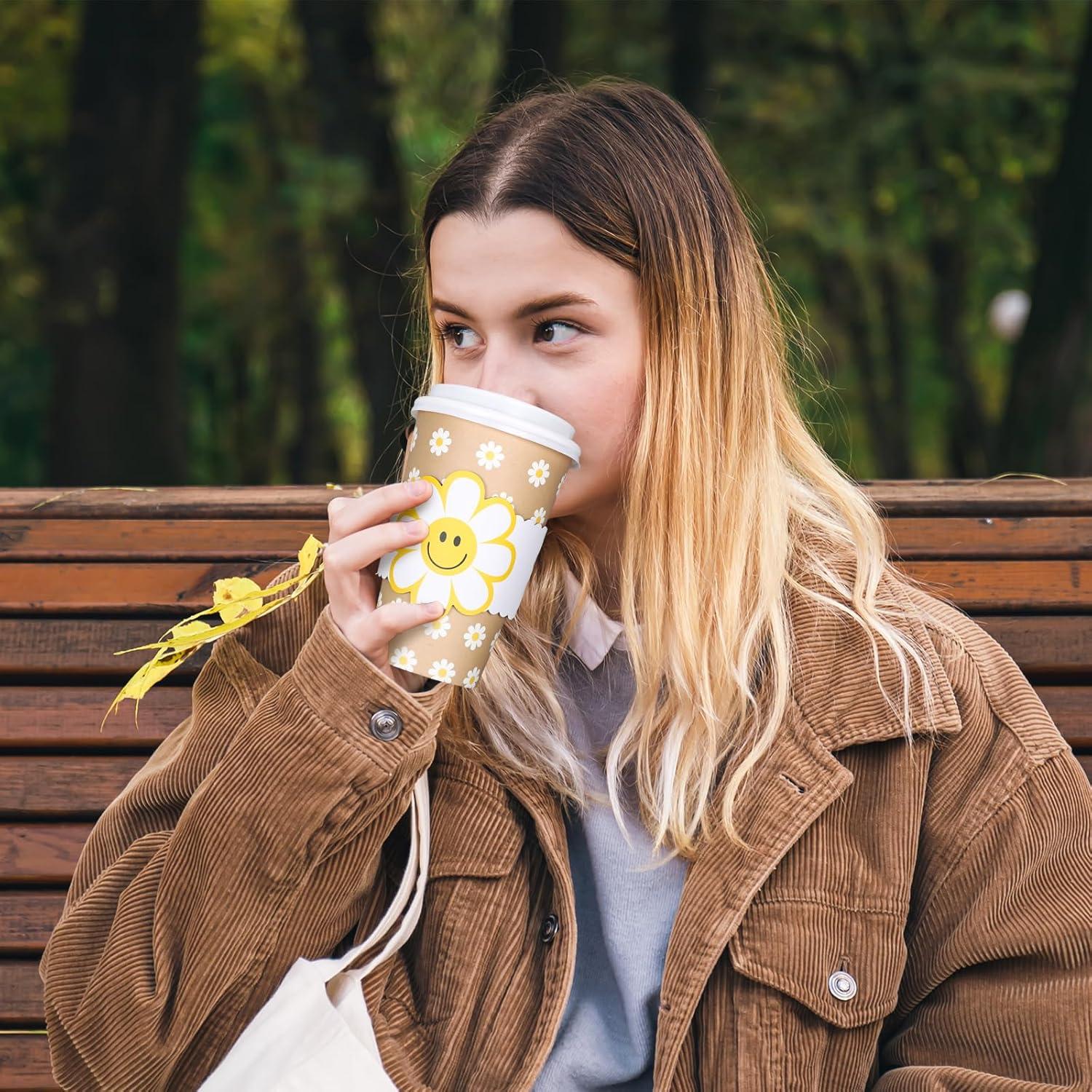 imageWhaline 50Pcs Fall Thanksgiving Pumpkin Disposable Coffee Cups with Lids and Sleeves PinkOrange Pumpkin Paper Drinking Cups for Autumn Restaurant Travel Business SuppliesSmile Daisy Flower