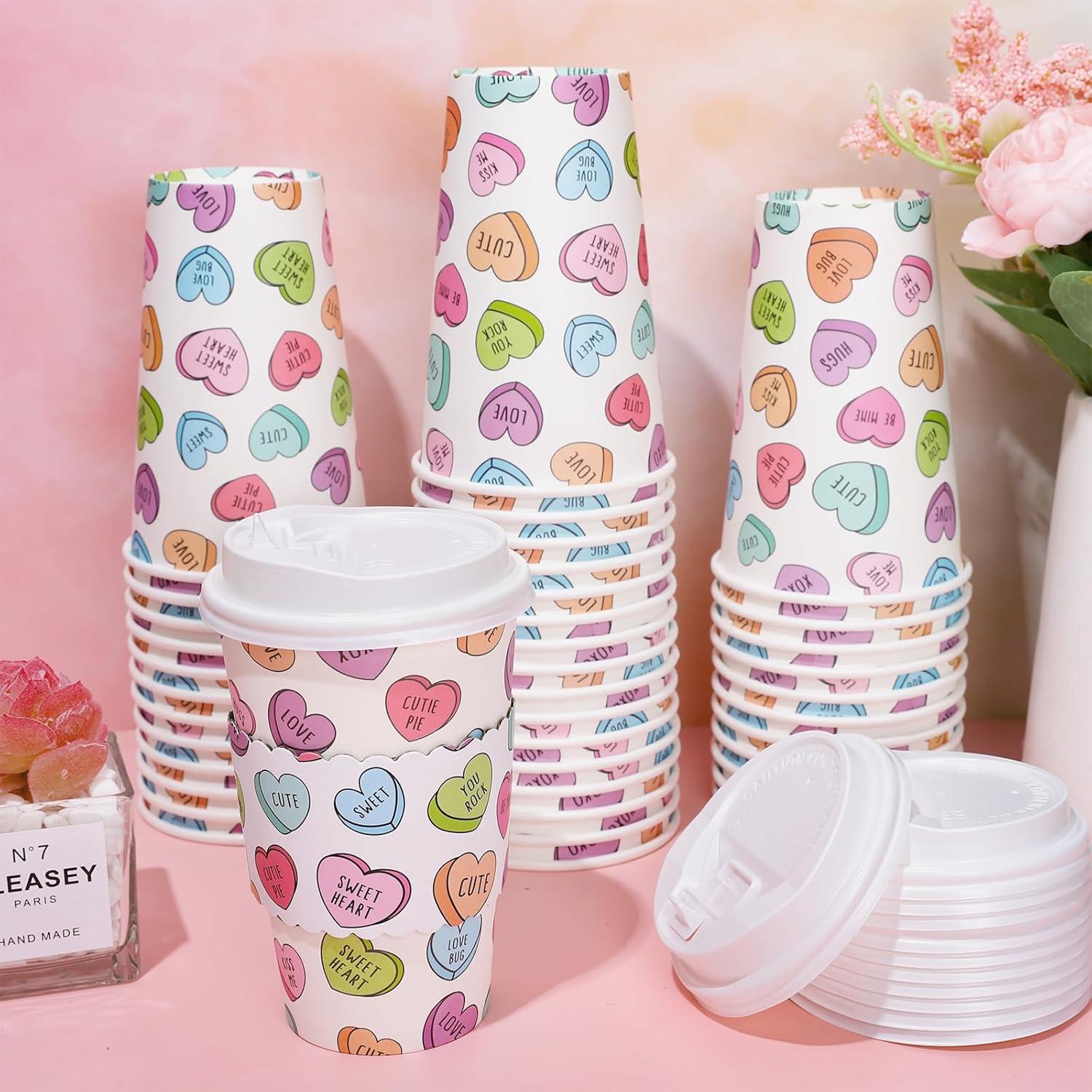 imageWhaline 50Pcs Fall Thanksgiving Pumpkin Disposable Coffee Cups with Lids and Sleeves PinkOrange Pumpkin Paper Drinking Cups for Autumn Restaurant Travel Business SuppliesConversation Heart