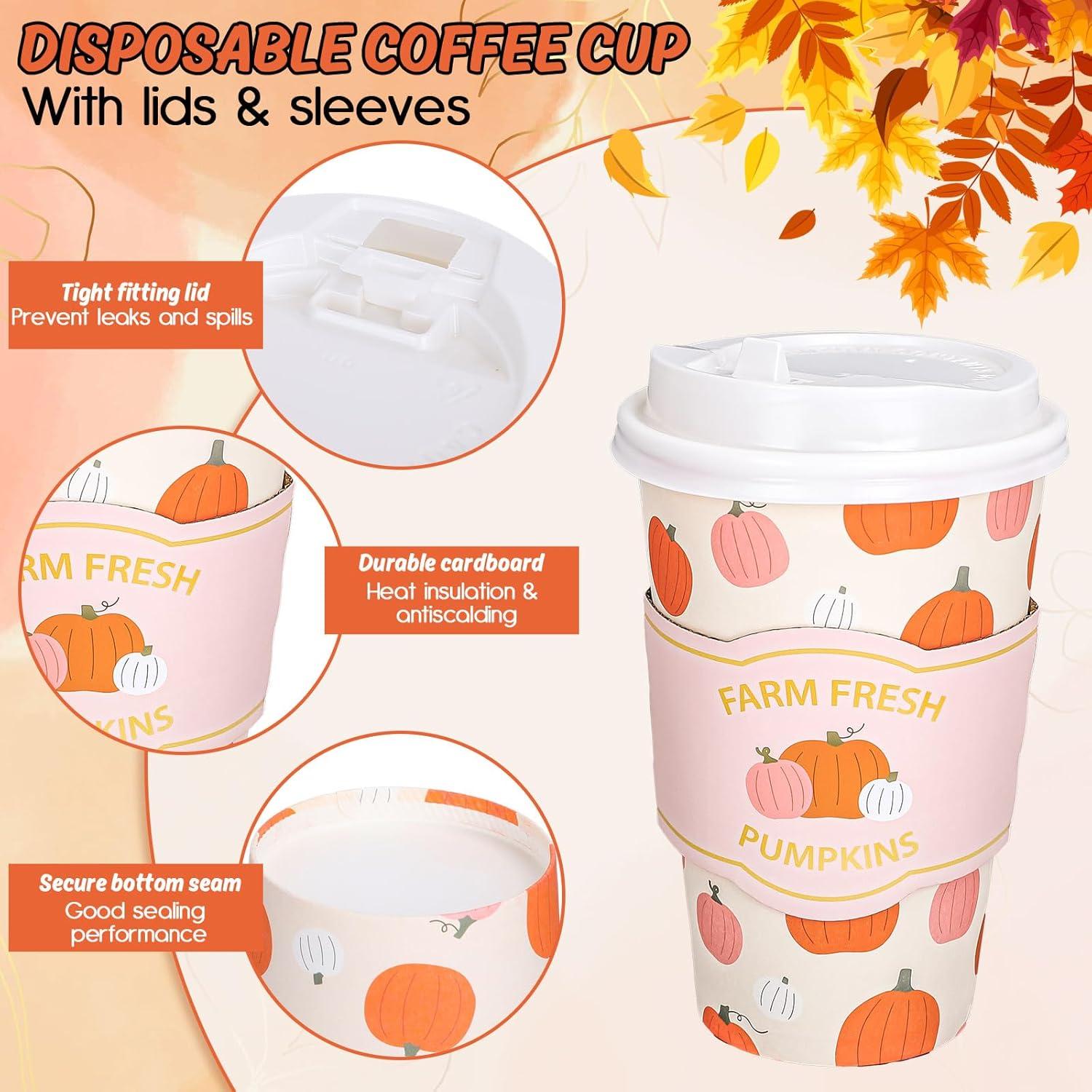 imageWhaline 50Pcs Fall Thanksgiving Pumpkin Disposable Coffee Cups with Lids and Sleeves PinkOrange Pumpkin Paper Drinking Cups for Autumn Restaurant Travel Business SuppliesFall Thanksgiving Pumpkin