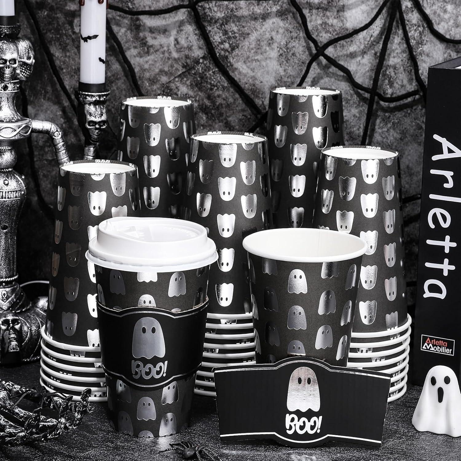 imageWhaline 50Pcs Fall Thanksgiving Pumpkin Disposable Coffee Cups with Lids and Sleeves PinkOrange Pumpkin Paper Drinking Cups for Autumn Restaurant Travel Business SuppliesFoil Silver Ghost