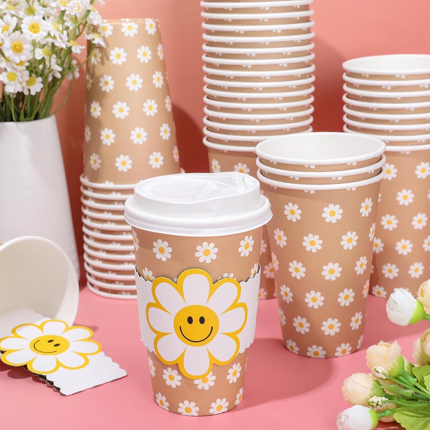 imageWhaline 50Pcs Fall Thanksgiving Pumpkin Disposable Coffee Cups with Lids and Sleeves PinkOrange Pumpkin Paper Drinking Cups for Autumn Restaurant Travel Business SuppliesSmile Daisy Flower