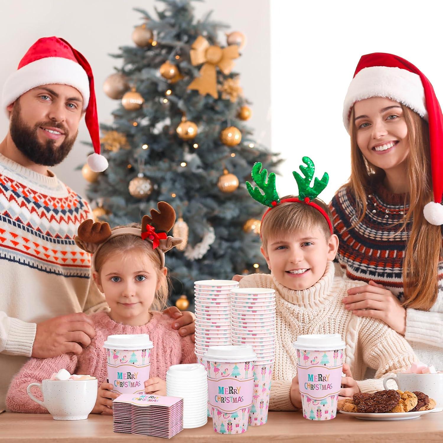 imageWhaline 50Pcs Fall Thanksgiving Pumpkin Disposable Coffee Cups with Lids and Sleeves PinkOrange Pumpkin Paper Drinking Cups for Autumn Restaurant Travel Business SuppliesChristmas Pink Nutcracker