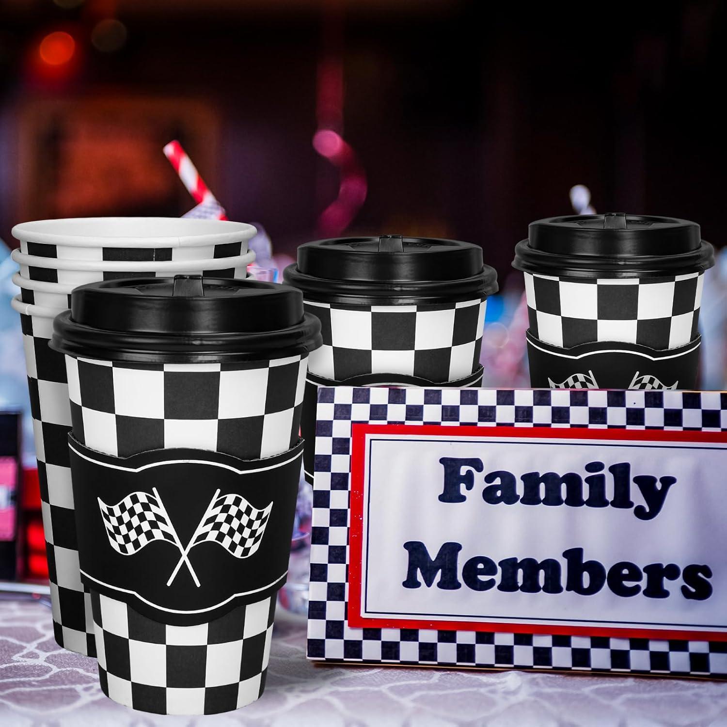 imageWhaline 50Pcs Fall Thanksgiving Pumpkin Disposable Coffee Cups with Lids and Sleeves PinkOrange Pumpkin Paper Drinking Cups for Autumn Restaurant Travel Business SuppliesCheckered Flag