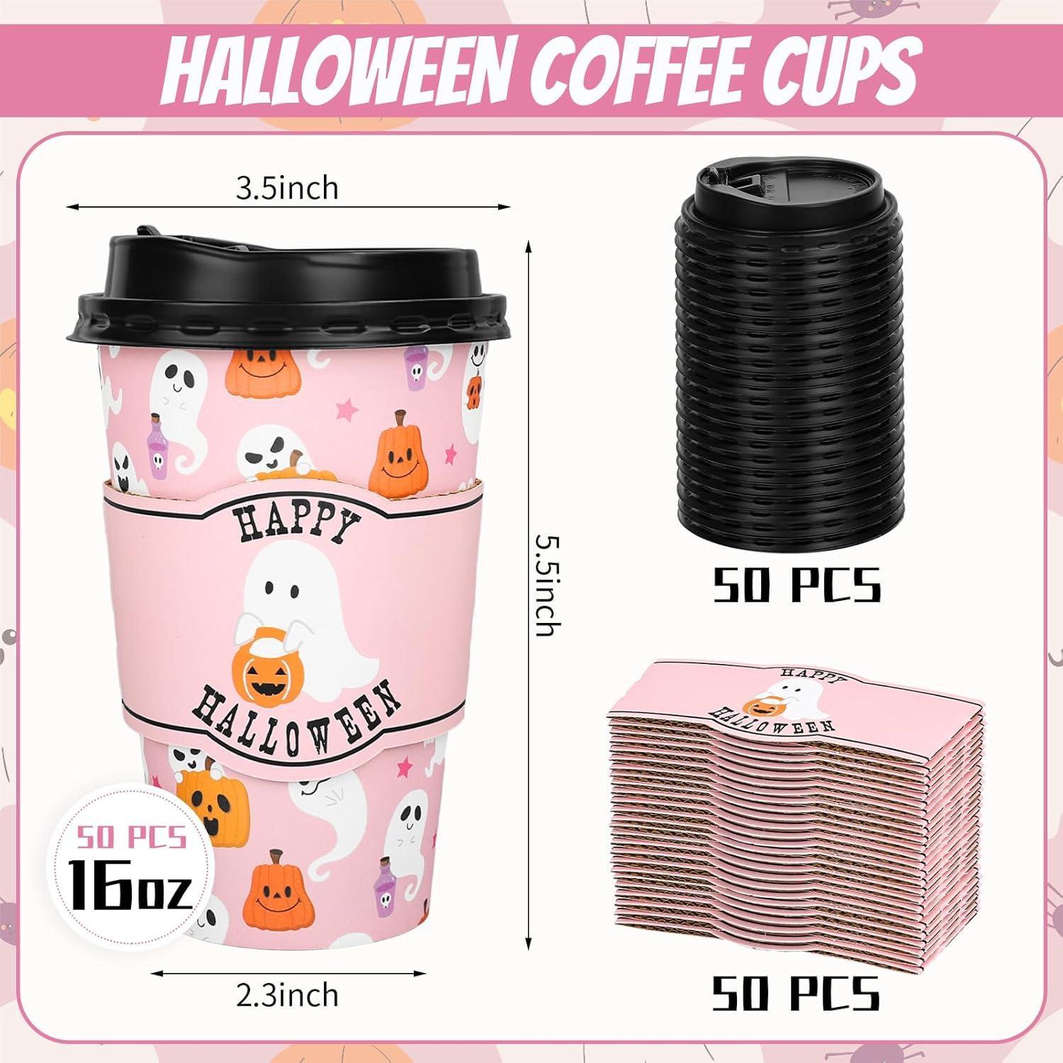 imageWhaline 50Pcs Fall Thanksgiving Pumpkin Disposable Coffee Cups with Lids and Sleeves PinkOrange Pumpkin Paper Drinking Cups for Autumn Restaurant Travel Business SuppliesHalloween Pink Ghost pumpkin