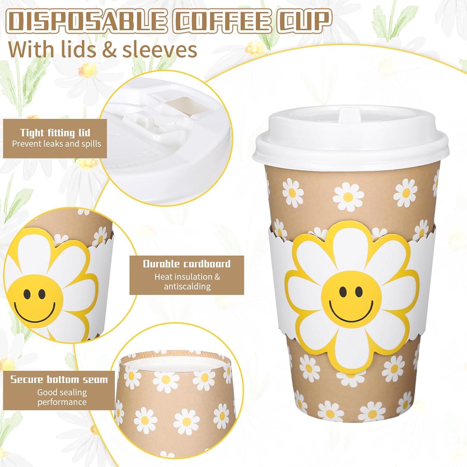 imageWhaline 50Pcs Fall Thanksgiving Pumpkin Disposable Coffee Cups with Lids and Sleeves PinkOrange Pumpkin Paper Drinking Cups for Autumn Restaurant Travel Business SuppliesSmile Daisy Flower