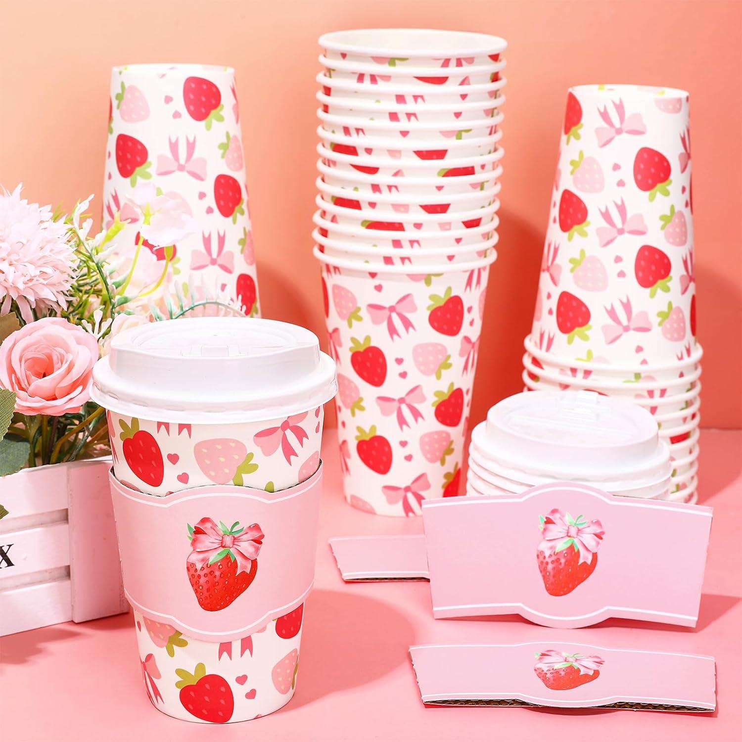 imageWhaline 50Pcs Fall Thanksgiving Pumpkin Disposable Coffee Cups with Lids and Sleeves PinkOrange Pumpkin Paper Drinking Cups for Autumn Restaurant Travel Business SuppliesCute Bow Strawberry