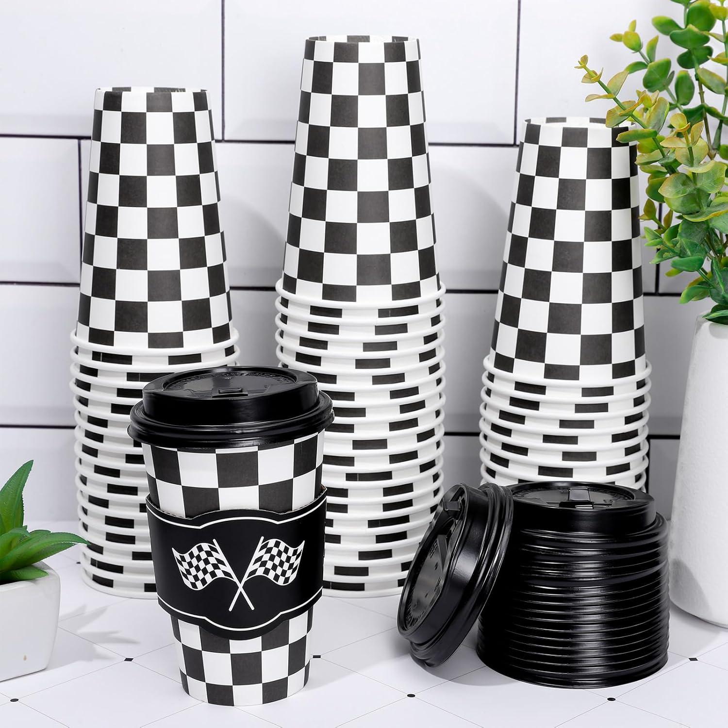 imageWhaline 50Pcs Fall Thanksgiving Pumpkin Disposable Coffee Cups with Lids and Sleeves PinkOrange Pumpkin Paper Drinking Cups for Autumn Restaurant Travel Business SuppliesCheckered Flag