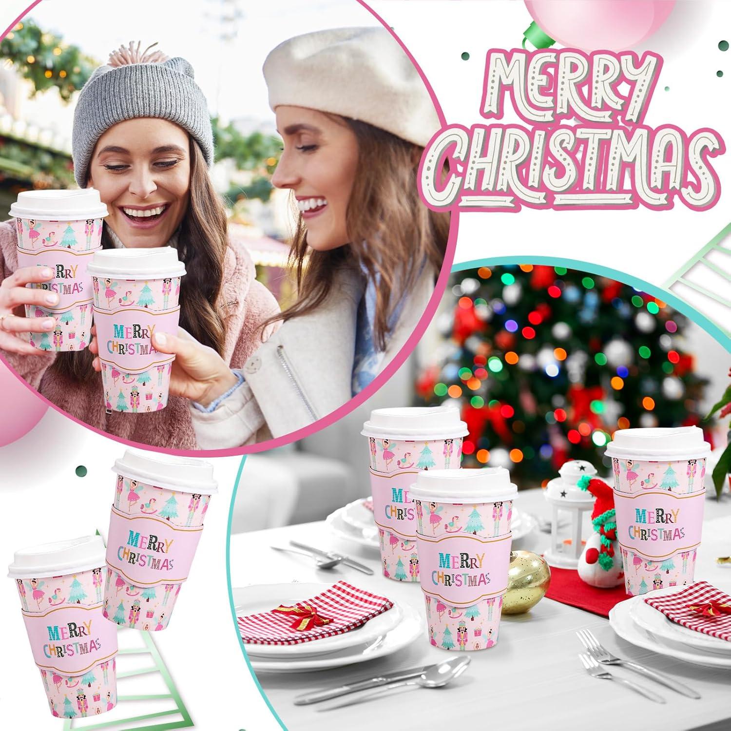 imageWhaline 50Pcs Fall Thanksgiving Pumpkin Disposable Coffee Cups with Lids and Sleeves PinkOrange Pumpkin Paper Drinking Cups for Autumn Restaurant Travel Business SuppliesChristmas Pink Nutcracker