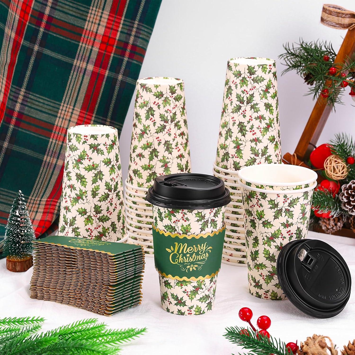 imageWhaline 50Pcs Fall Thanksgiving Pumpkin Disposable Coffee Cups with Lids and Sleeves PinkOrange Pumpkin Paper Drinking Cups for Autumn Restaurant Travel Business SuppliesChristmas Holly Berry