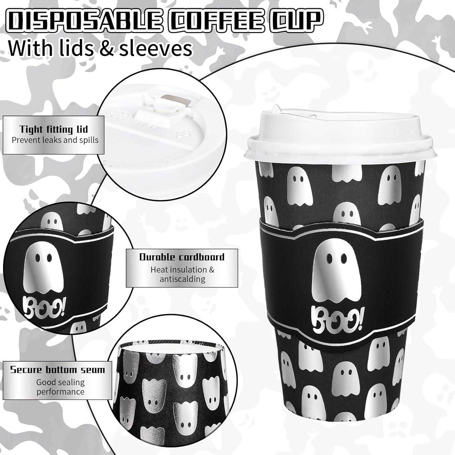 imageWhaline 50Pcs Fall Thanksgiving Pumpkin Disposable Coffee Cups with Lids and Sleeves PinkOrange Pumpkin Paper Drinking Cups for Autumn Restaurant Travel Business SuppliesFoil Silver Ghost