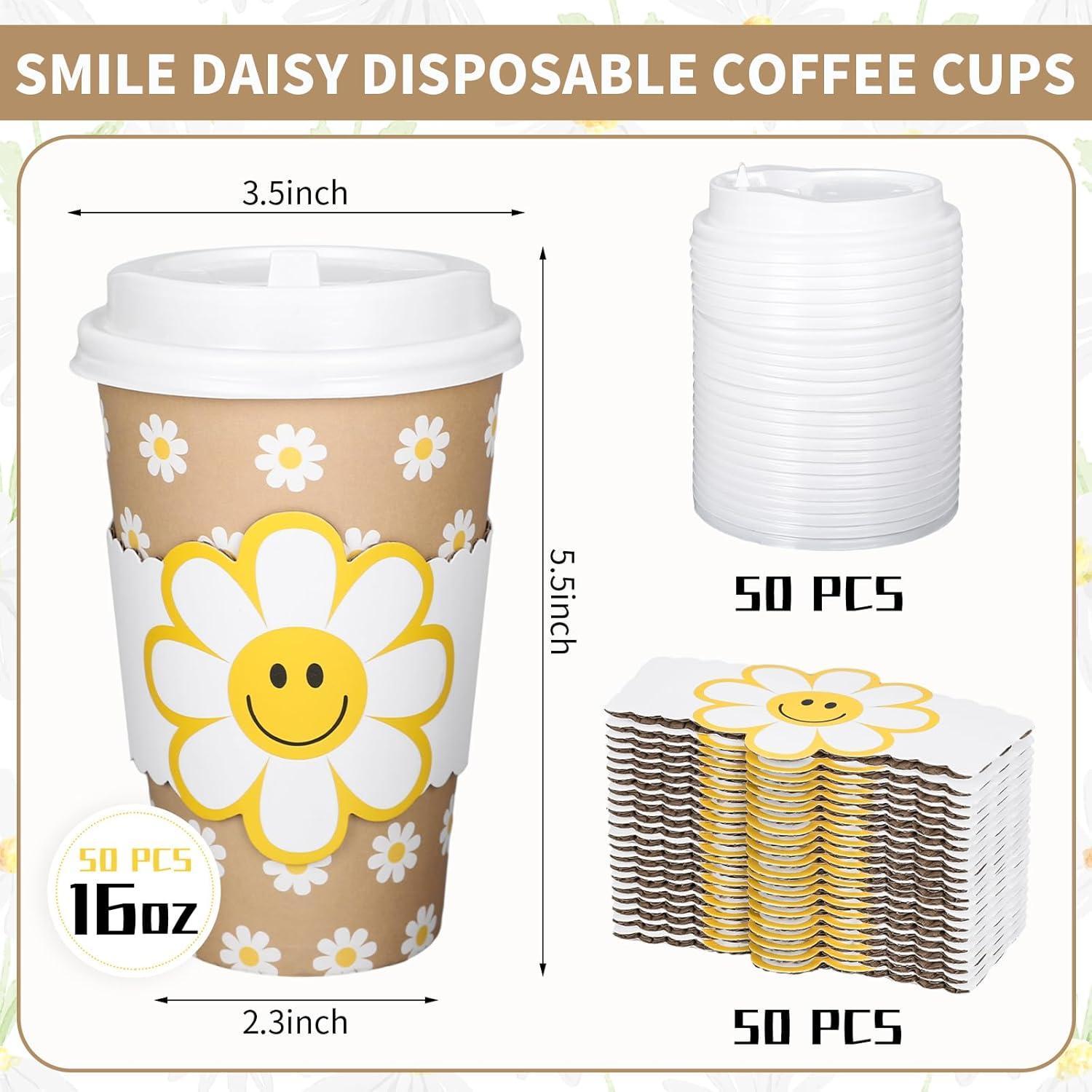 imageWhaline 50Pcs Fall Thanksgiving Pumpkin Disposable Coffee Cups with Lids and Sleeves PinkOrange Pumpkin Paper Drinking Cups for Autumn Restaurant Travel Business SuppliesSmile Daisy Flower