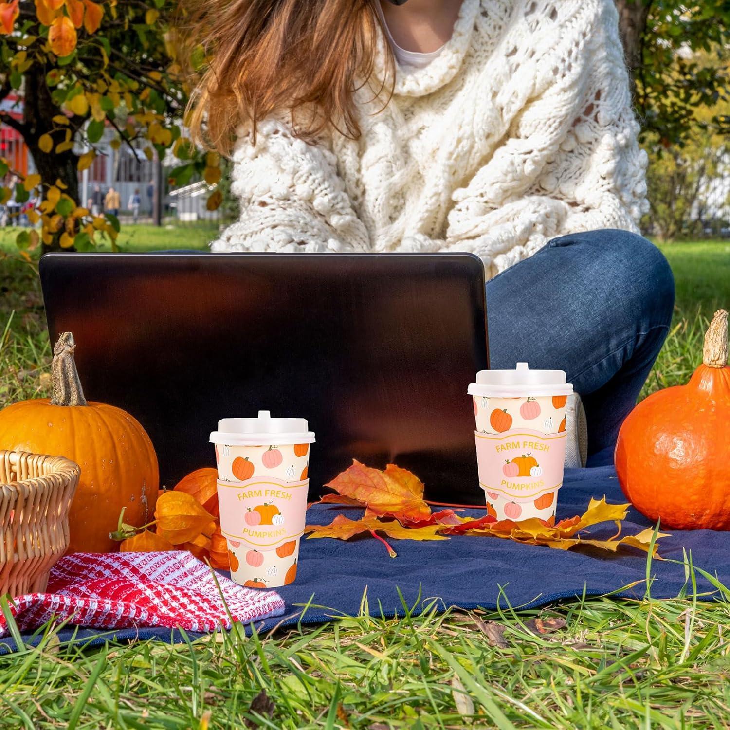 imageWhaline 50Pcs Fall Thanksgiving Pumpkin Disposable Coffee Cups with Lids and Sleeves PinkOrange Pumpkin Paper Drinking Cups for Autumn Restaurant Travel Business SuppliesFall Thanksgiving Pumpkin