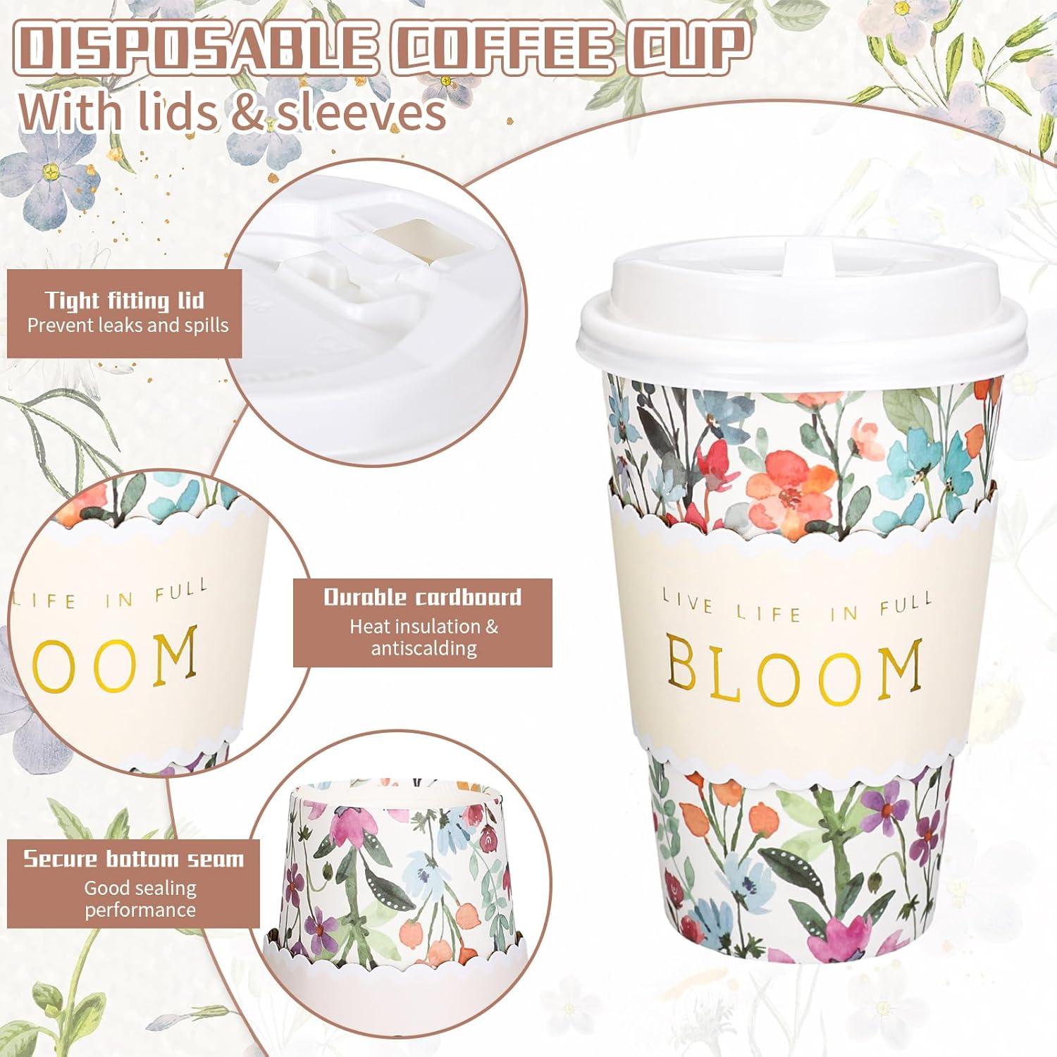 imageWhaline 50Pcs Fall Thanksgiving Pumpkin Disposable Coffee Cups with Lids and Sleeves PinkOrange Pumpkin Paper Drinking Cups for Autumn Restaurant Travel Business SuppliesWatercolor Wildflower